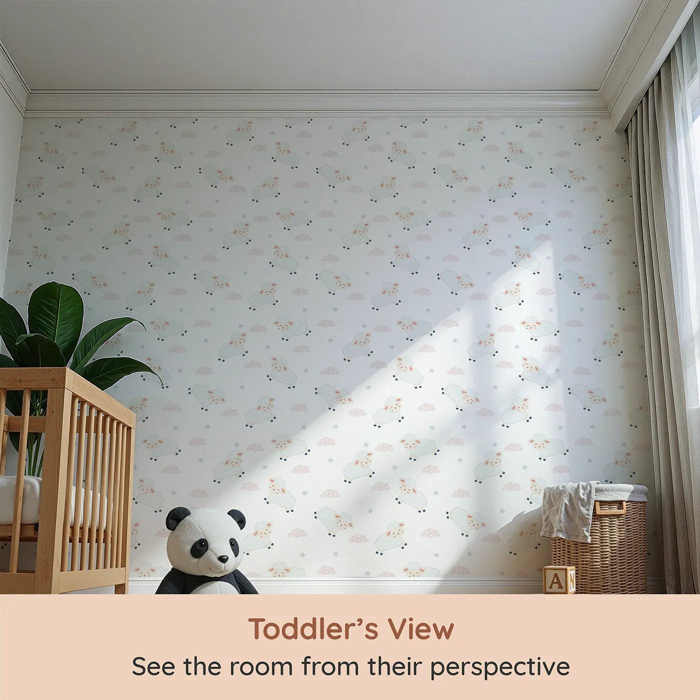 Whimsy Tots Little Lamb Hops Wallpaper in Soft Sky (W3471A) from your child's view.Smiling lambs leap across a soft white sky of stars and giggles.