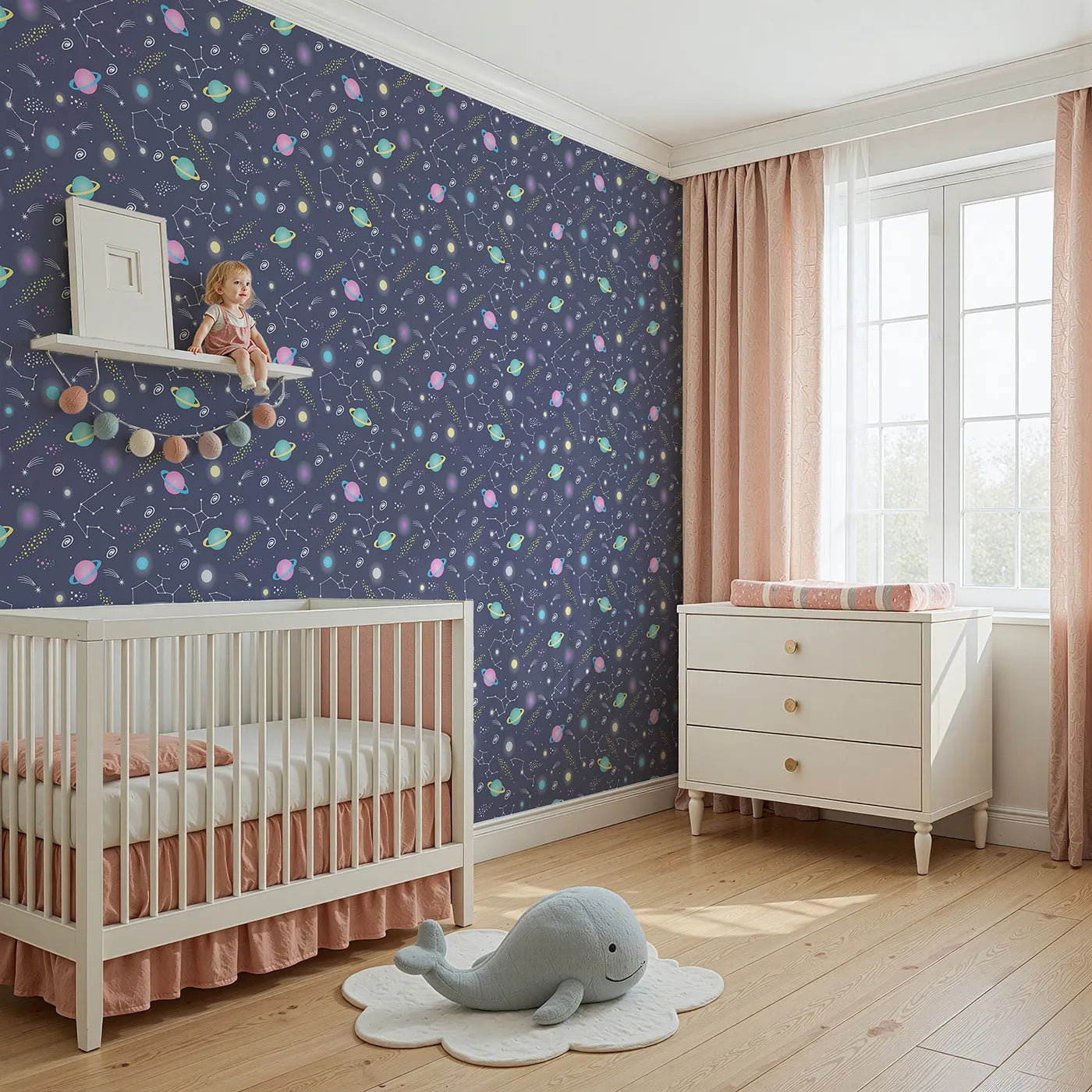 Angled view of Whimsy Tots' Planet Pop Galaxy Wallpaper in Midnight Navy Blue (W3473B).Vibrant planets and stardust dance across a deep navy sky of discovery.