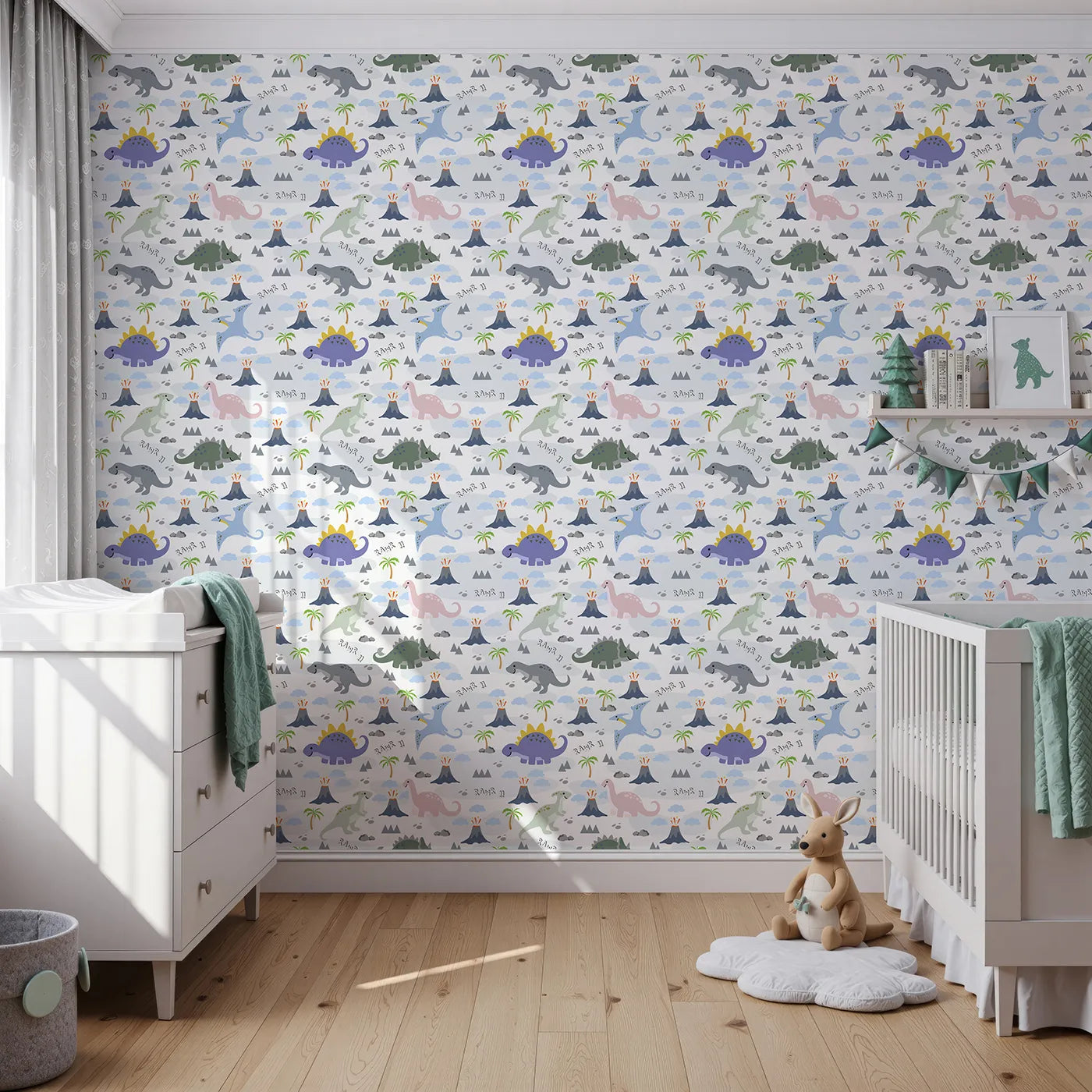 Front view of Whimsy Tots' Rawr-some Dino Land Wallpaper in White