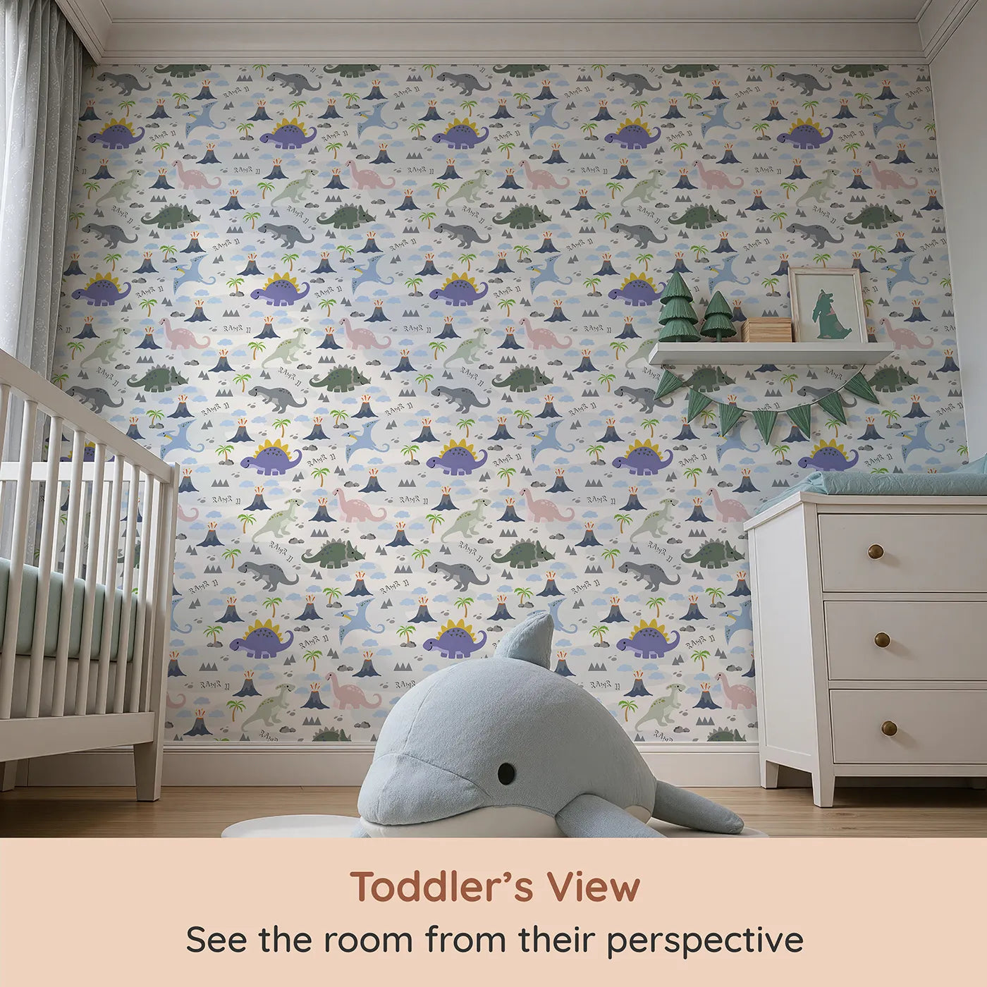 Whimsy Tots Rawr-some Dino Land Wallpaper in White (W3474A) from your child's view.Playful dinosaurs roam through volcanoes, clouds, and palm trees.