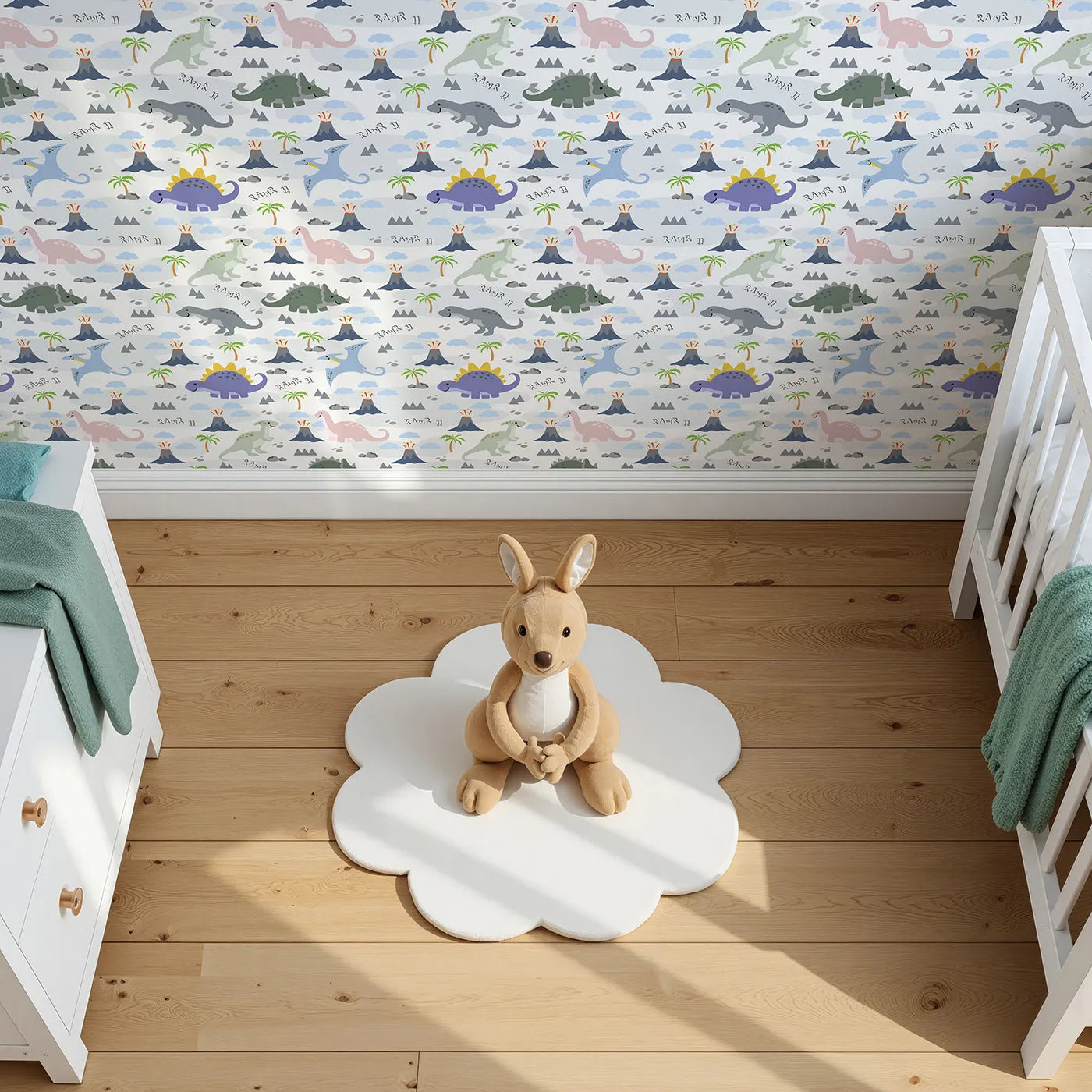Top-Down view of Whimsy Tots' Rawr-some Dino Land Wallpaper in White (W3474A).Playful dinosaurs roam through volcanoes, clouds, and palm trees.