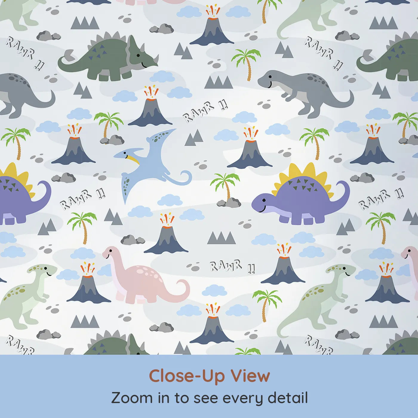 Close-up view of Whimsy Tots' Rawr-some Dino Land Wallpaper in White (W3474A).Playful dinosaurs roam through volcanoes, clouds, and palm trees.