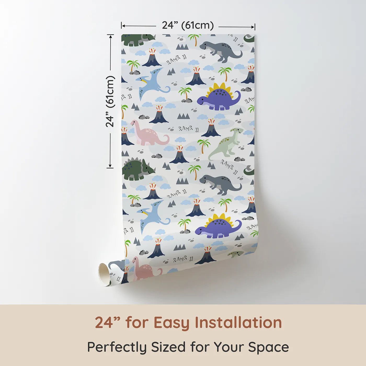 Dimension view of Whimsy Tots Rawr-some Dino Land Wallpaper in White (W3474A). Printed in 24-inch-wide panel for easy installation. Playful dinosaurs roam through volcanoes, clouds, and palm trees.