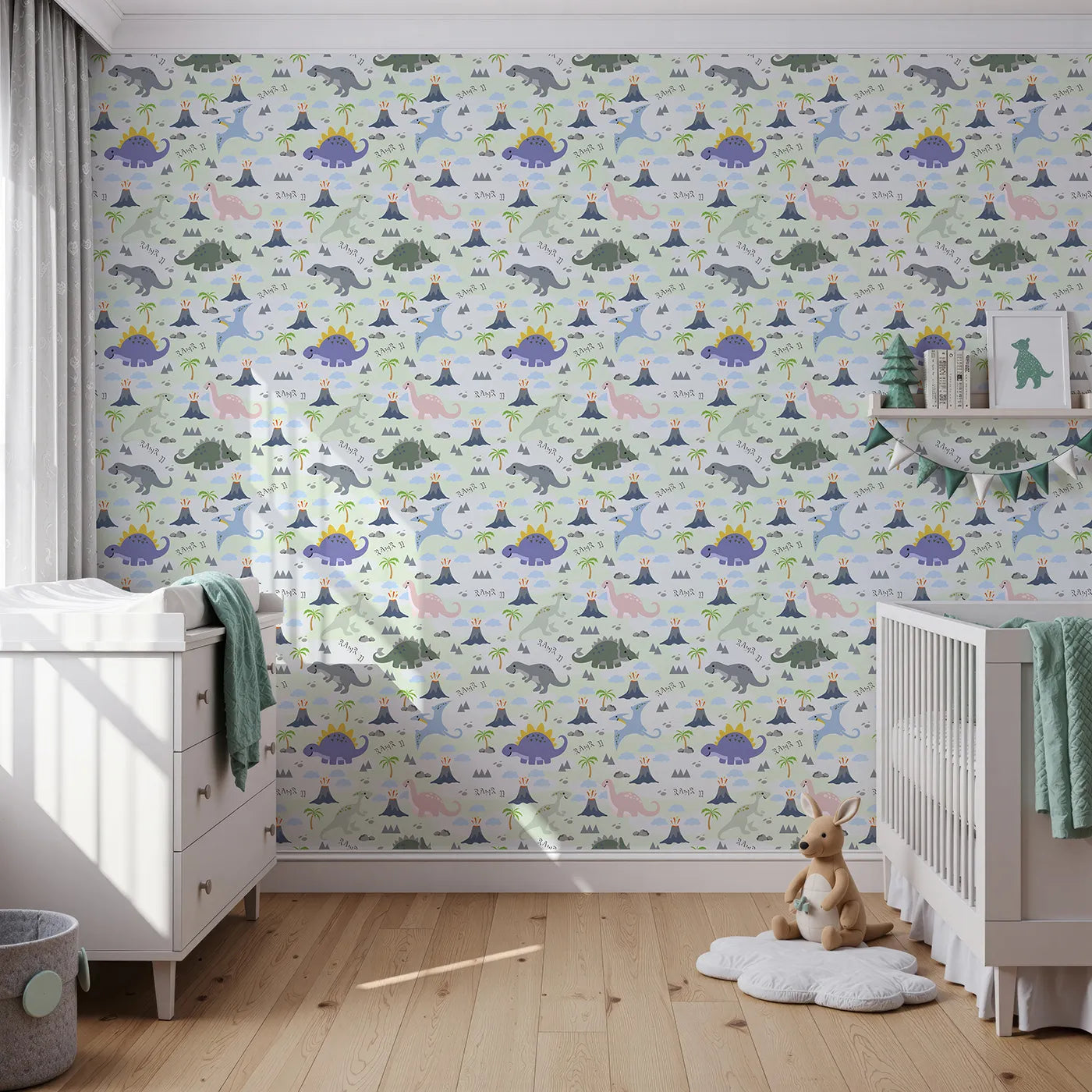 Front view of Whimsy Tots' Rawr-some Dino Land Wallpaper in Mint Green