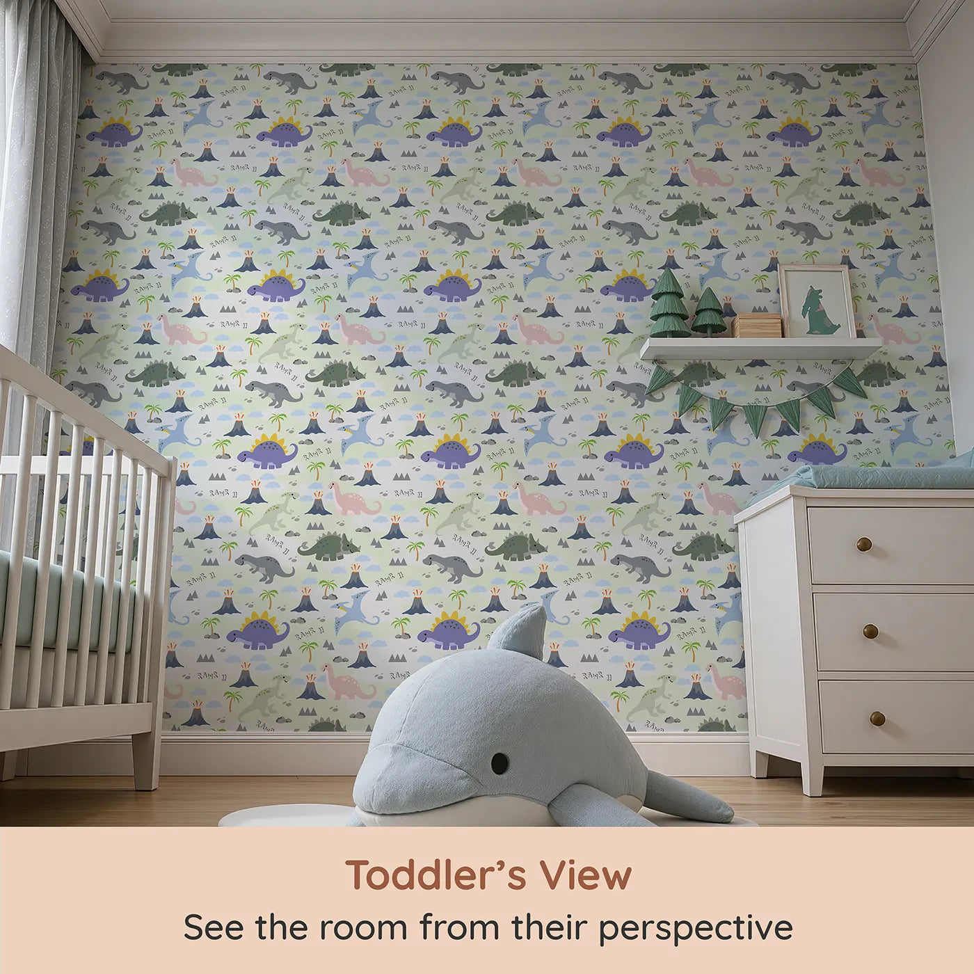 Whimsy Tots Rawr-some Dino Land Wallpaper in Mint Green (W3474B) from your child's view.Smiling dinos roam through minty hills, erupting volcanoes, and playful skies.