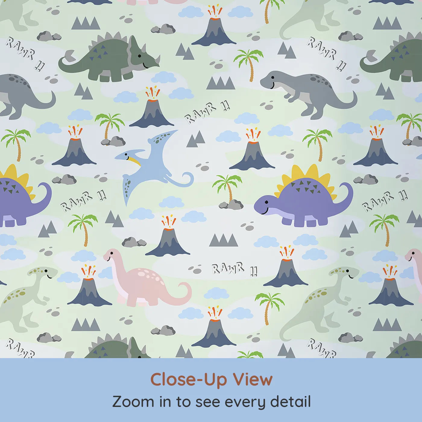 Close-up view of Whimsy Tots' Rawr-some Dino Land Wallpaper in Mint Green (W3474B).Smiling dinos roam through minty hills, erupting volcanoes, and playful skies.