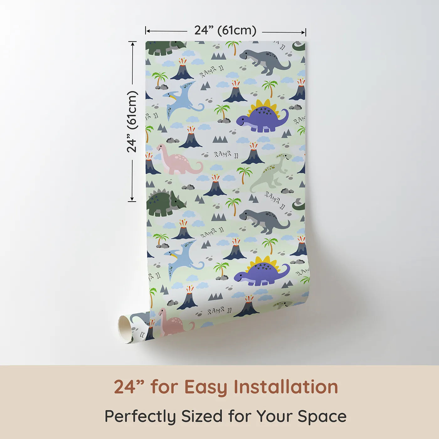 Dimension view of Whimsy Tots Rawr-some Dino Land Wallpaper in Mint Green (W3474B). Printed in 24-inch-wide panel for easy installation. Smiling dinos roam through minty hills, erupting volcanoes, and playful skies.