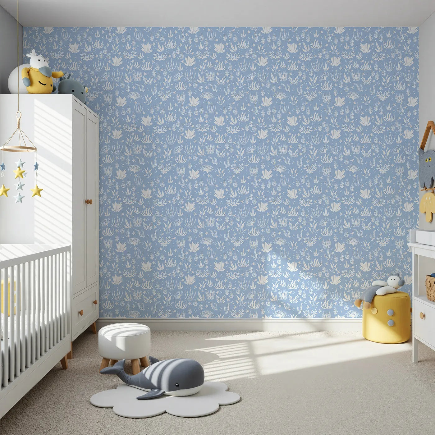 Front view of Whimsy Tots' Coral Garden Dance Wallpaper in Ocean Blue