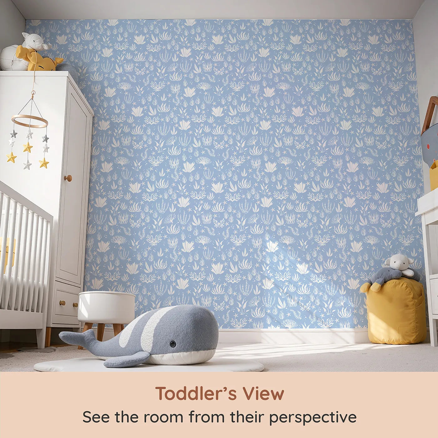 Whimsy Tots Coral Garden Dance Wallpaper in Ocean Blue (W3476A) from your child's view.Flowing coral and sea plants sway in a calm, dreamy ocean blue world.