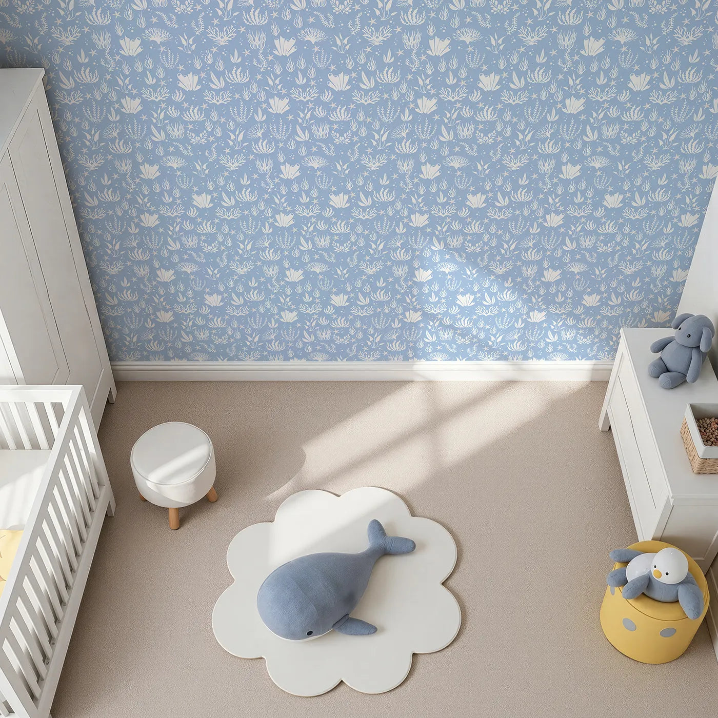 Top-Down view of Whimsy Tots' Coral Garden Dance Wallpaper in Ocean Blue (W3476A).Flowing coral and sea plants sway in a calm, dreamy ocean blue world.