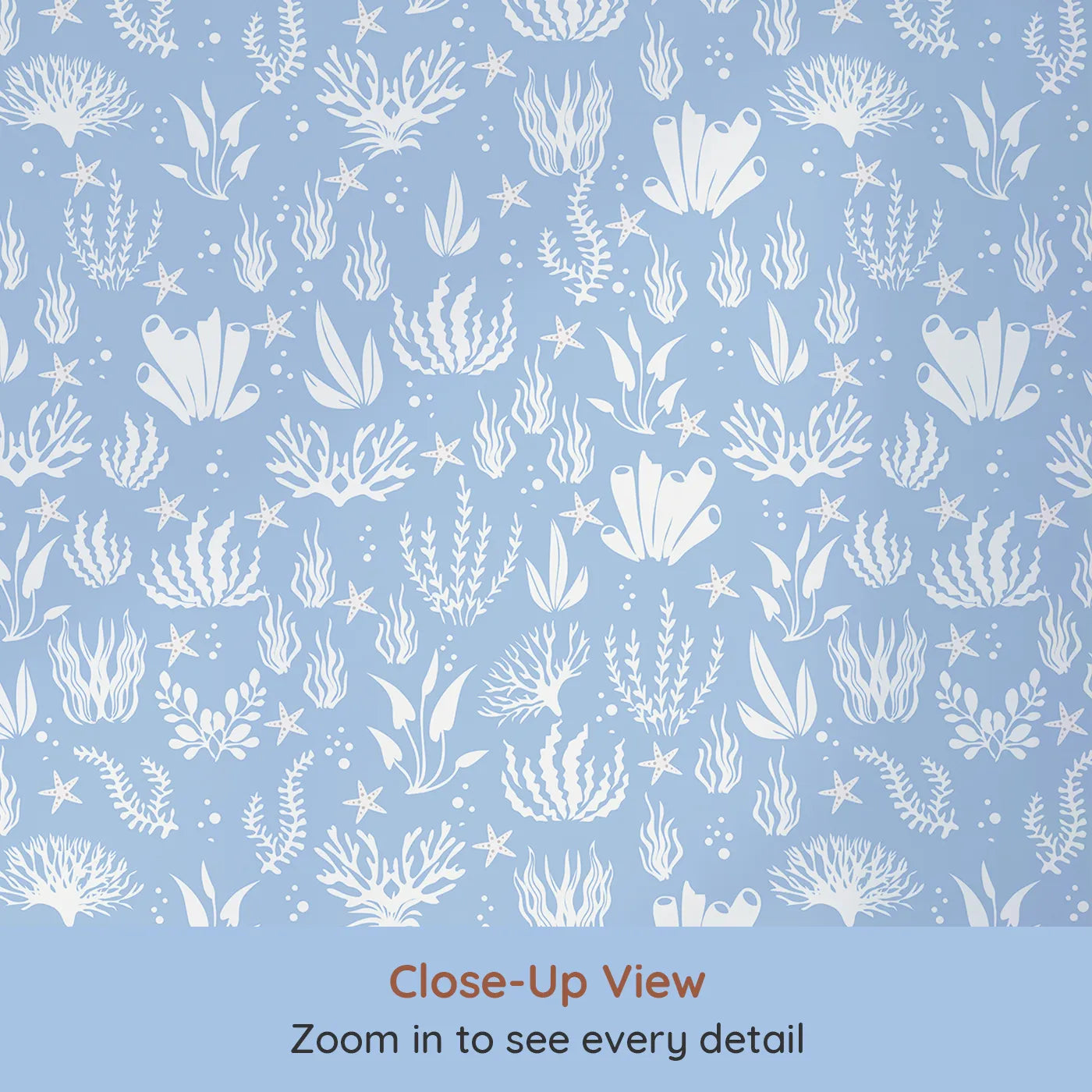 Close-up view of Whimsy Tots' Coral Garden Dance Wallpaper in Ocean Blue (W3476A).Flowing coral and sea plants sway in a calm, dreamy ocean blue world.