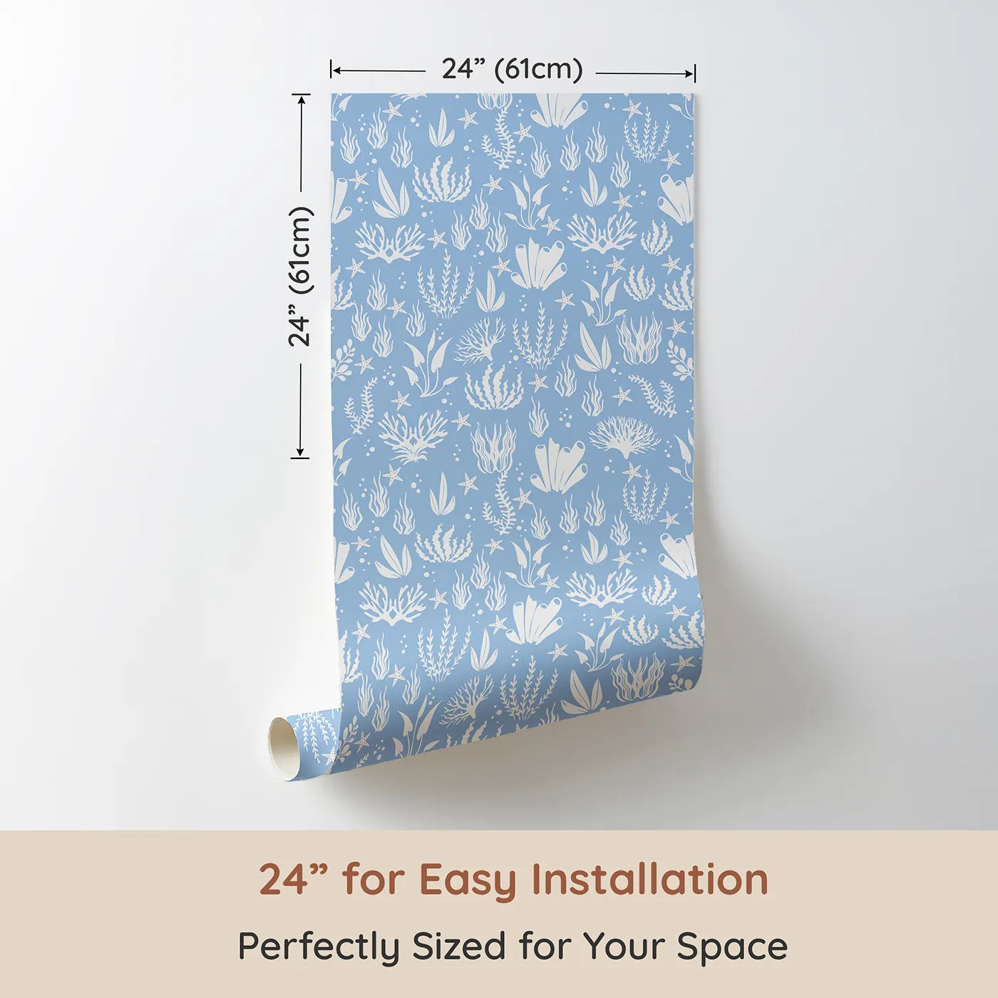 Dimension view of Whimsy Tots Coral Garden Dance Wallpaper in Ocean Blue (W3476A). Printed in 24-inch-wide panel for easy installation. Flowing coral and sea plants sway in a calm, dreamy ocean blue world.