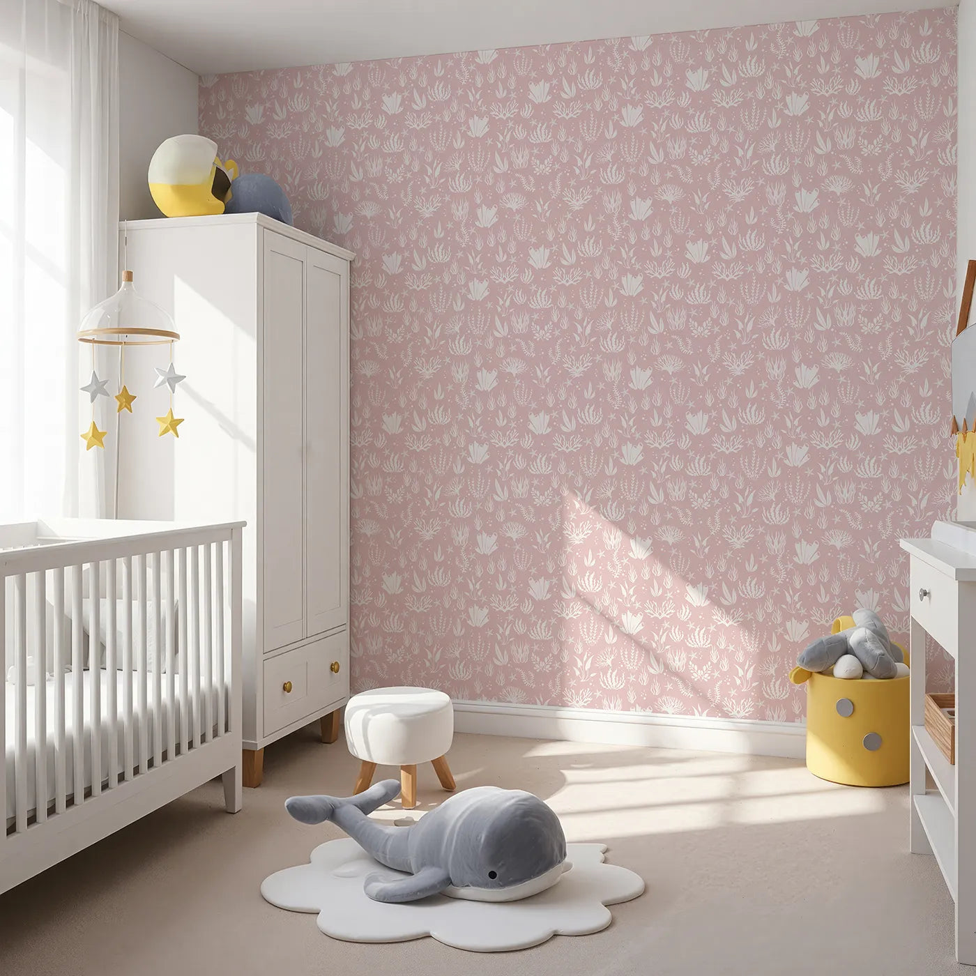 Angled view of Whimsy Tots' Coral Garden Dance Wallpaper in Blush Pink (W3476B).Soft coral silhouettes sway across a gentle blush sea.
