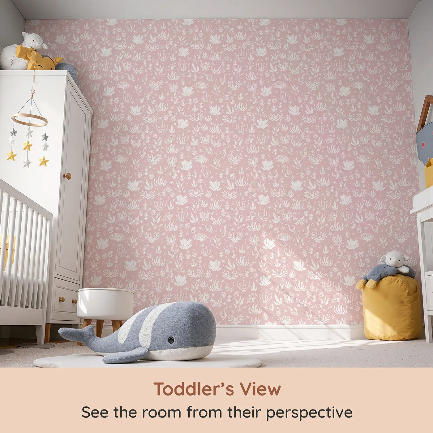Whimsy Tots Coral Garden Dance Wallpaper in Blush Pink (W3476B) from your child's view.Soft coral silhouettes sway across a gentle blush sea.