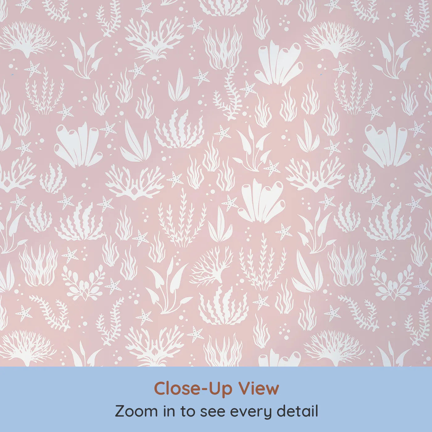 Close-up view of Whimsy Tots' Coral Garden Dance Wallpaper in Blush Pink (W3476B).Soft coral silhouettes sway across a gentle blush sea.