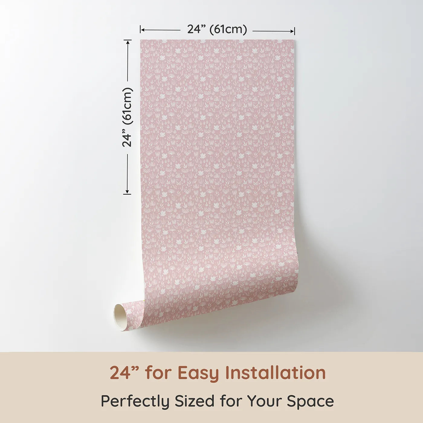 Dimension view of Whimsy Tots Coral Garden Dance Wallpaper in Blush Pink (W3476B). Printed in 24-inch-wide panel for easy installation. Soft coral silhouettes sway across a gentle blush sea.