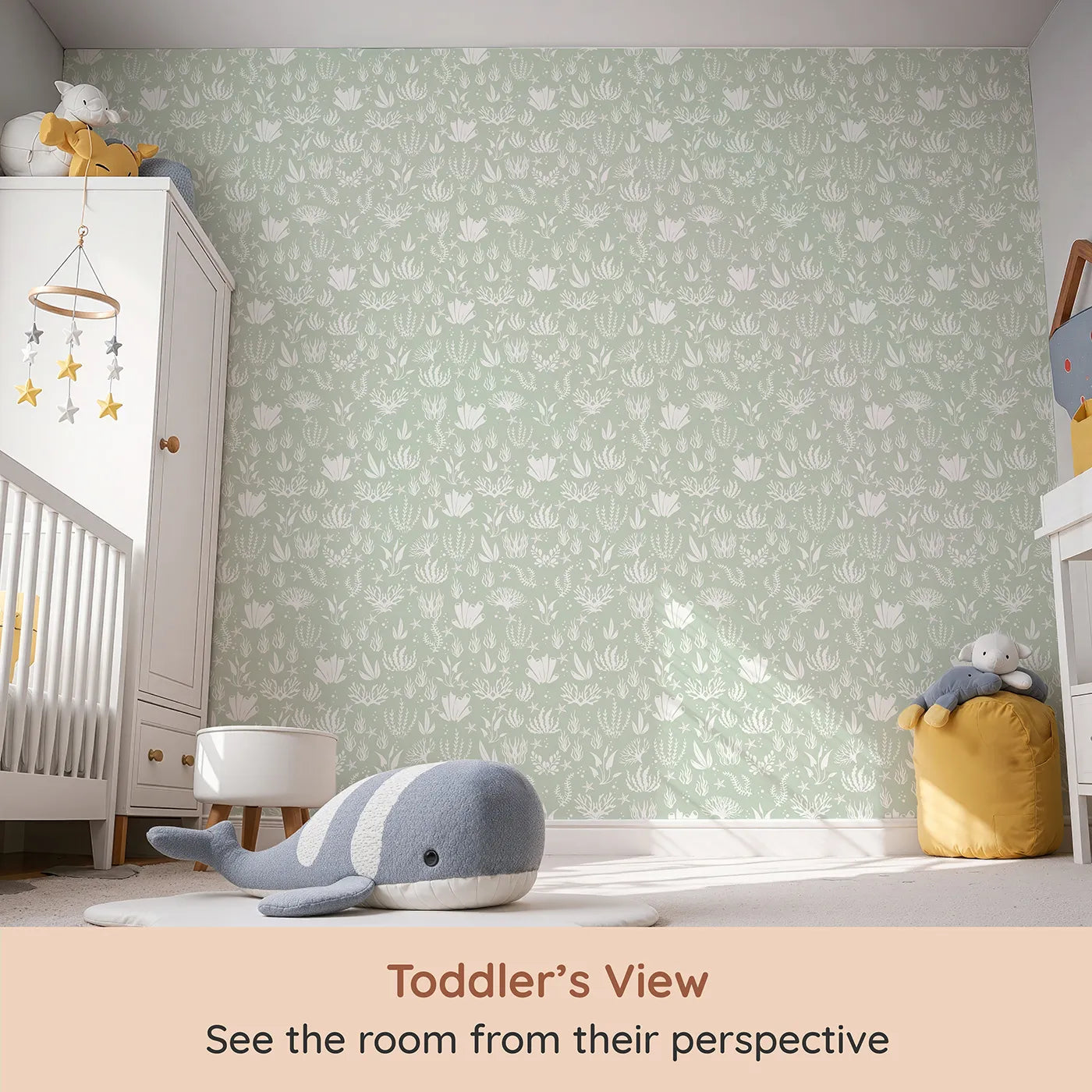 Whimsy Tots Coral Garden Dance Wallpaper in Seafoam Green (W3476C) from your child's view.Flowing sea life and soft greens bring underwater calm to every wall.