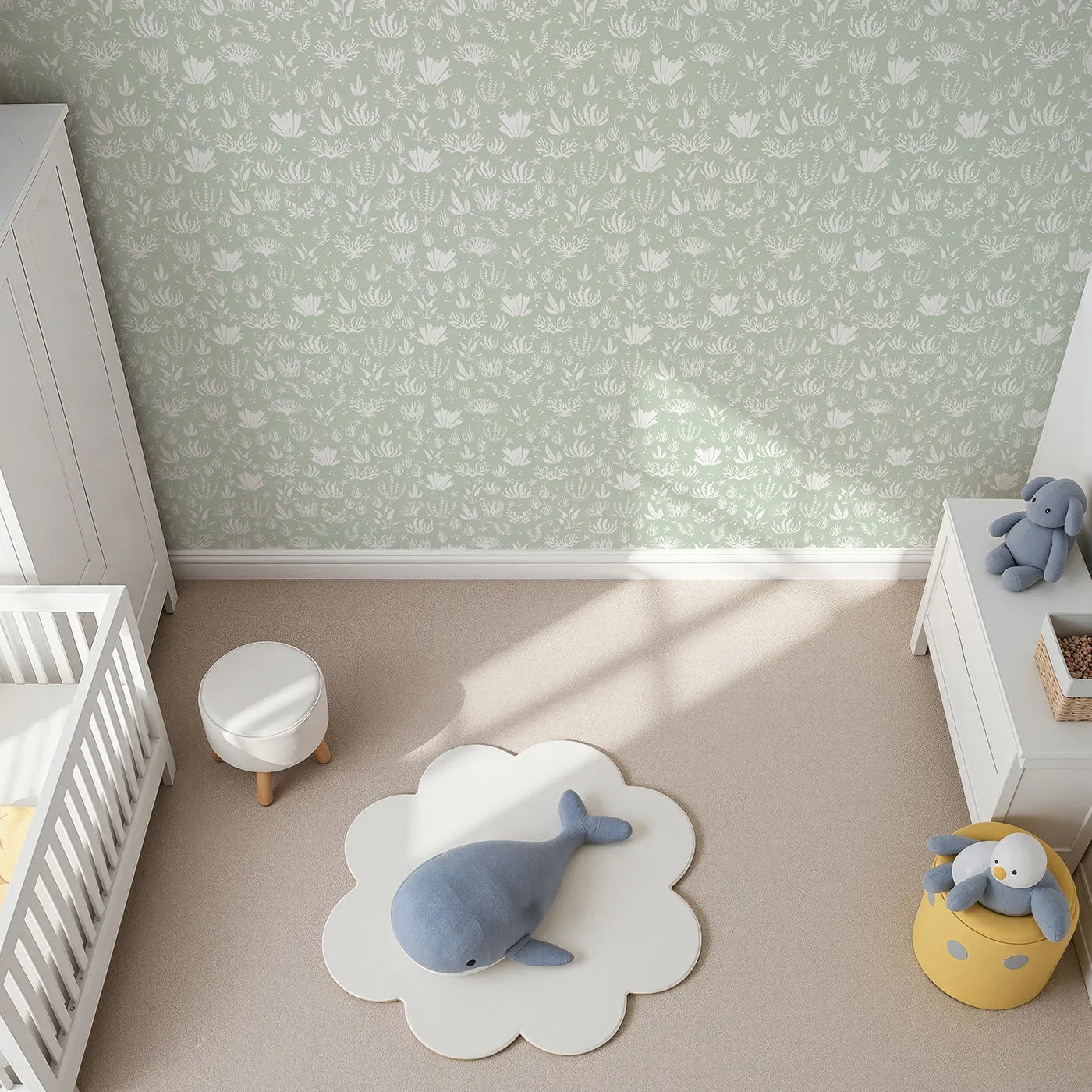 Top-Down view of Whimsy Tots' Coral Garden Dance Wallpaper in Seafoam Green (W3476C).Flowing sea life and soft greens bring underwater calm to every wall.