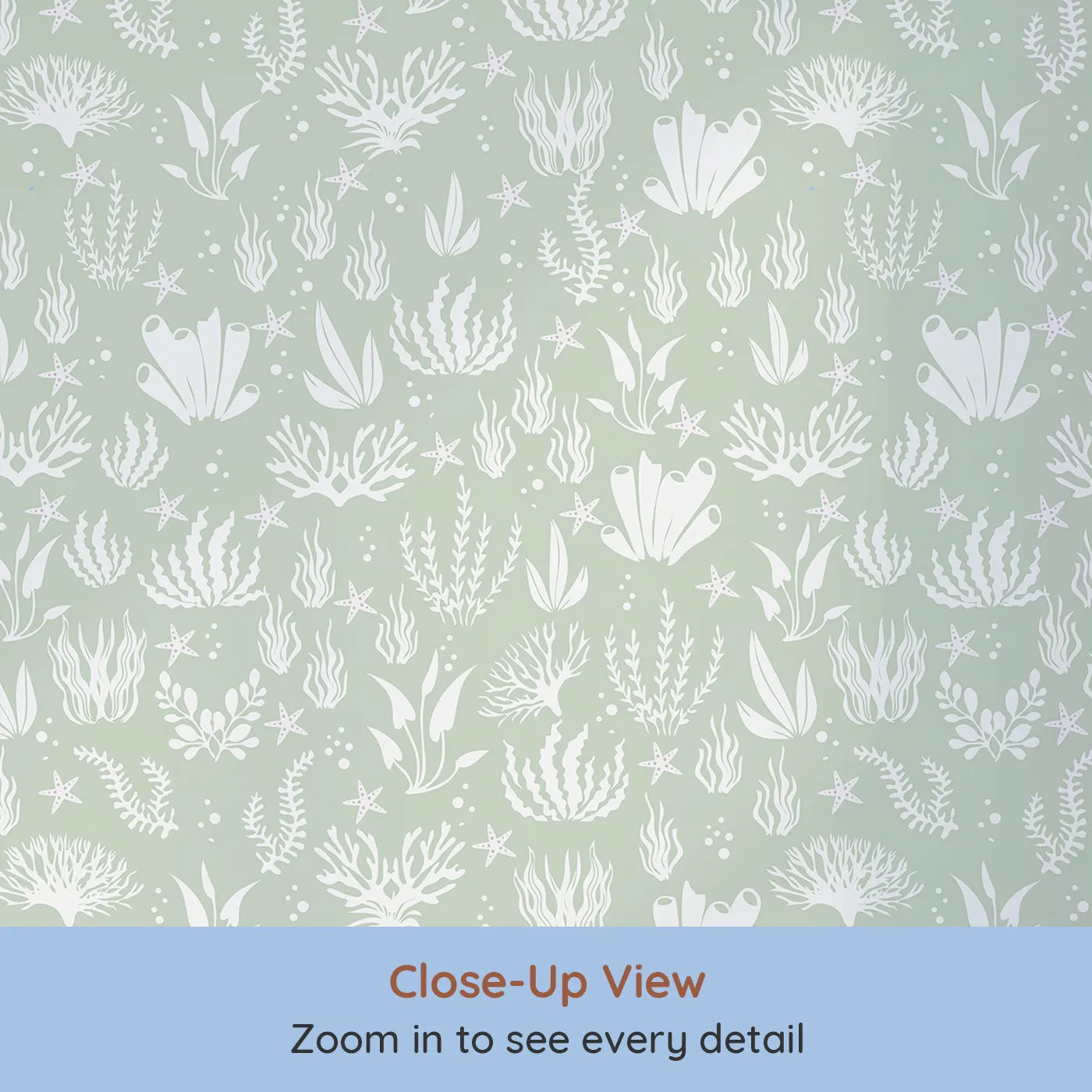 Close-up view of Whimsy Tots' Coral Garden Dance Wallpaper in Seafoam Green (W3476C).Flowing sea life and soft greens bring underwater calm to every wall.