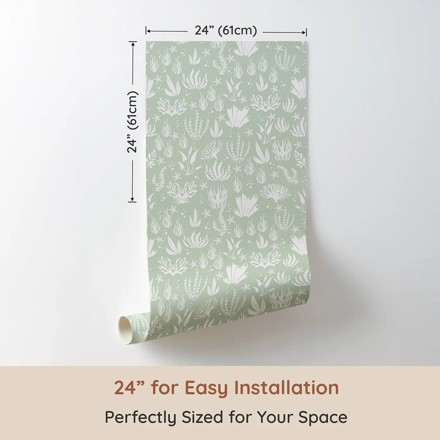 Dimension view of Whimsy Tots Coral Garden Dance Wallpaper in Seafoam Green (W3476C). Printed in 24-inch-wide panel for easy installation. Flowing sea life and soft greens bring underwater calm to every wall.