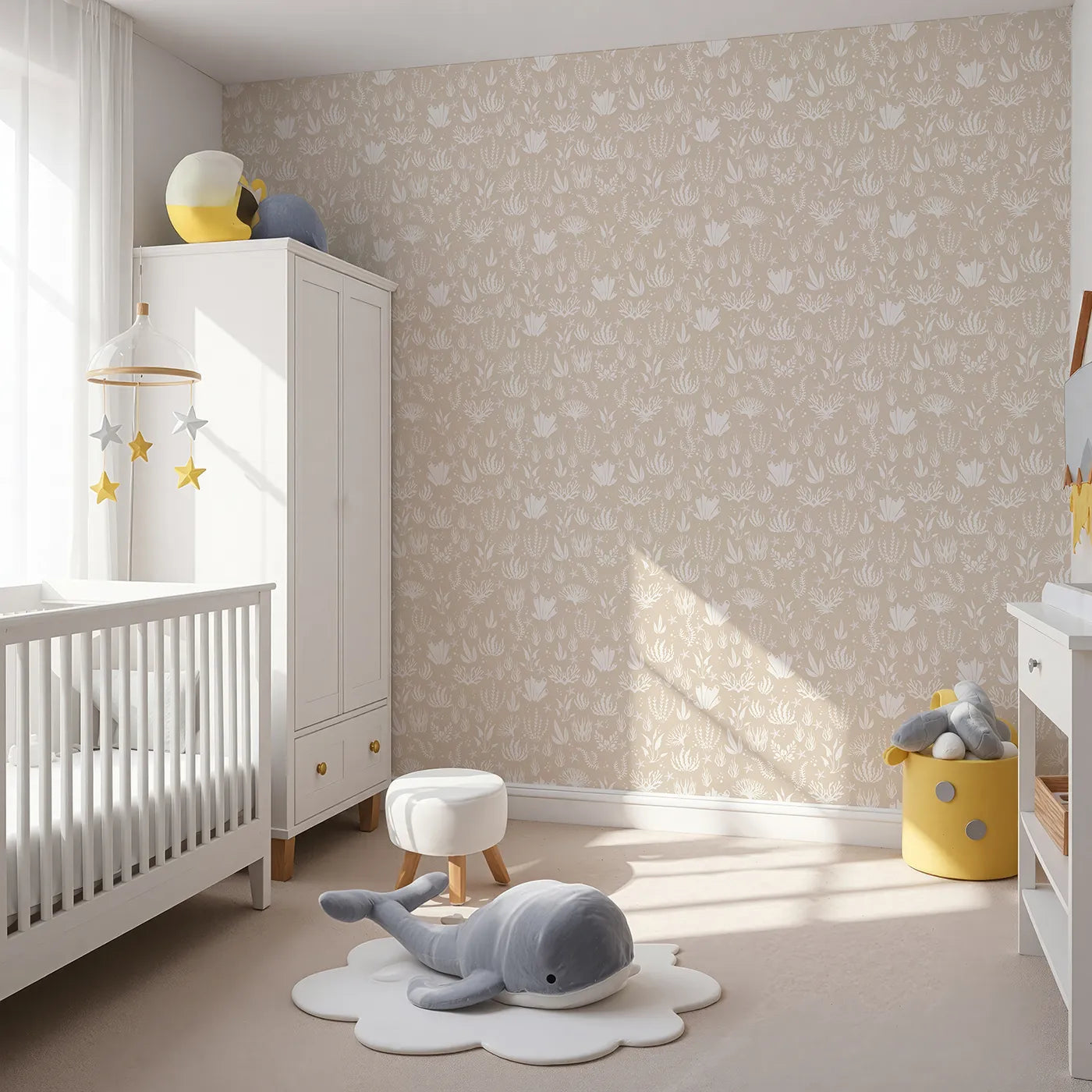 Angled view of Whimsy Tots' Coral Garden Dance Wallpaper in Sand Beige (W3476D).Corals and starfish drift peacefully across a sun-warmed sandy sea.