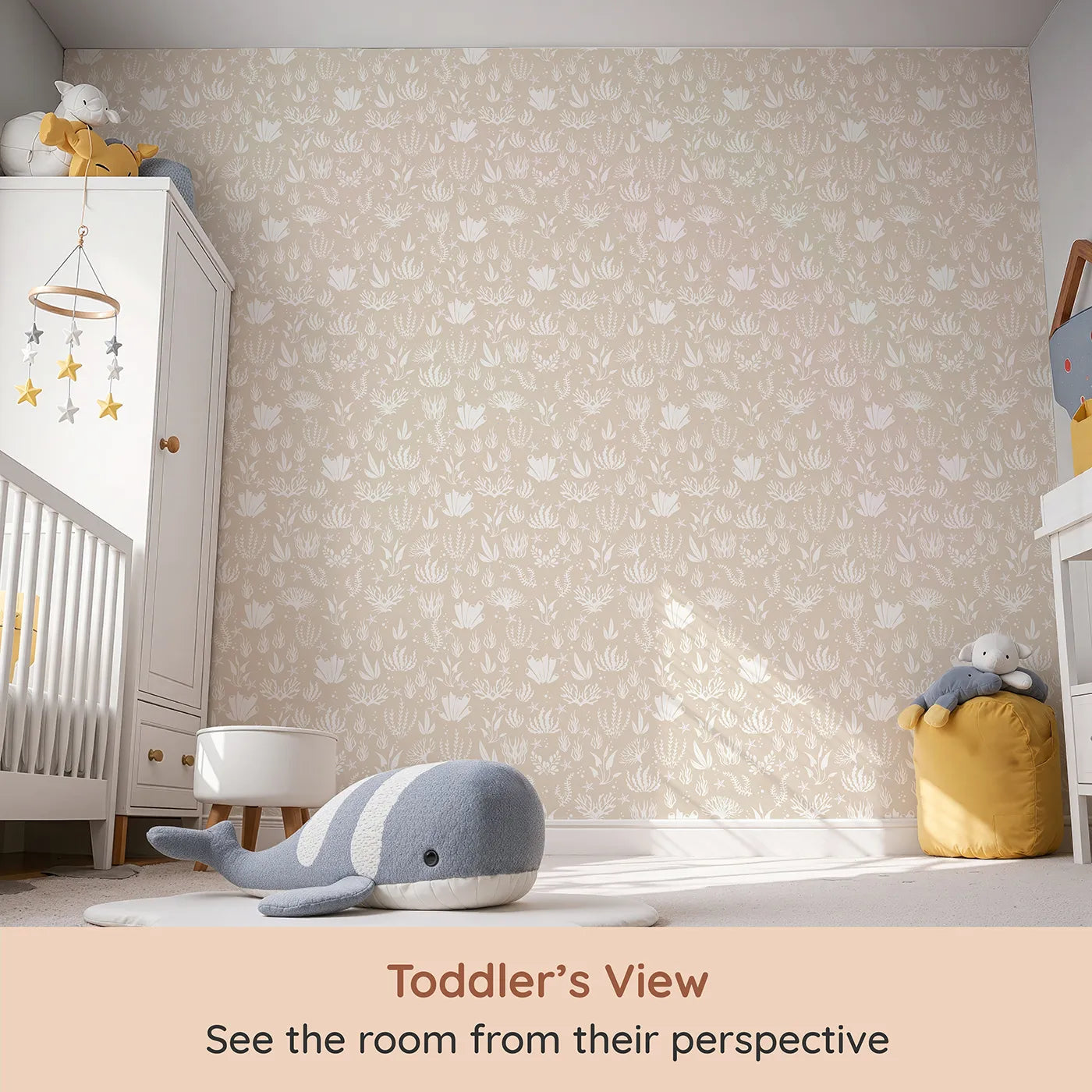 Whimsy Tots Coral Garden Dance Wallpaper in Sand Beige (W3476D) from your child's view.Corals and starfish drift peacefully across a sun-warmed sandy sea.