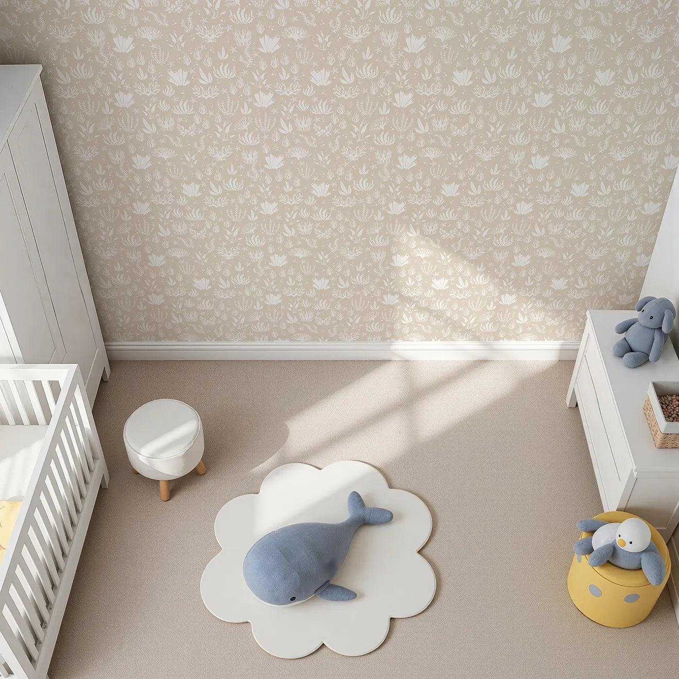 Top-Down view of Whimsy Tots' Coral Garden Dance Wallpaper in Sand Beige (W3476D).Corals and starfish drift peacefully across a sun-warmed sandy sea.