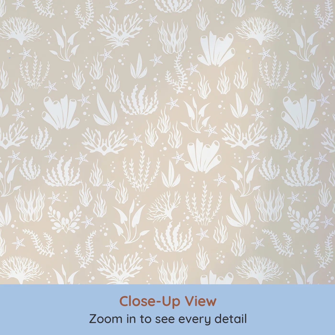 Close-up view of Whimsy Tots' Coral Garden Dance Wallpaper in Sand Beige (W3476D).Corals and starfish drift peacefully across a sun-warmed sandy sea.