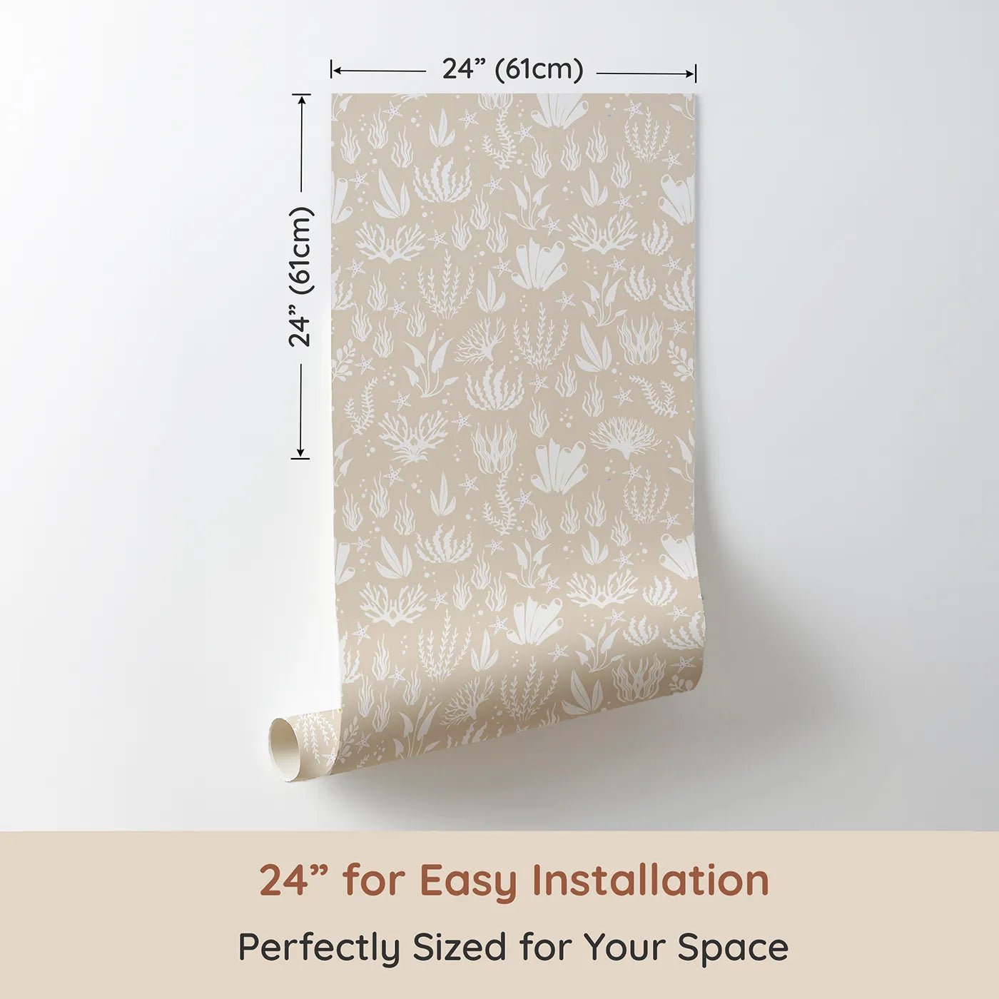 Dimension view of Whimsy Tots Coral Garden Dance Wallpaper in Sand Beige (W3476D). Printed in 24-inch-wide panel for easy installation. Corals and starfish drift peacefully across a sun-warmed sandy sea.