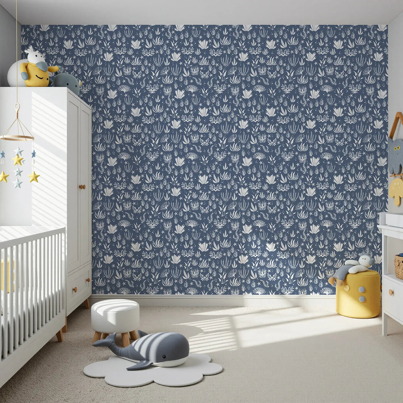 Front view of Whimsy Tots' Coral Garden Dance Wallpaper in Deep Indigo