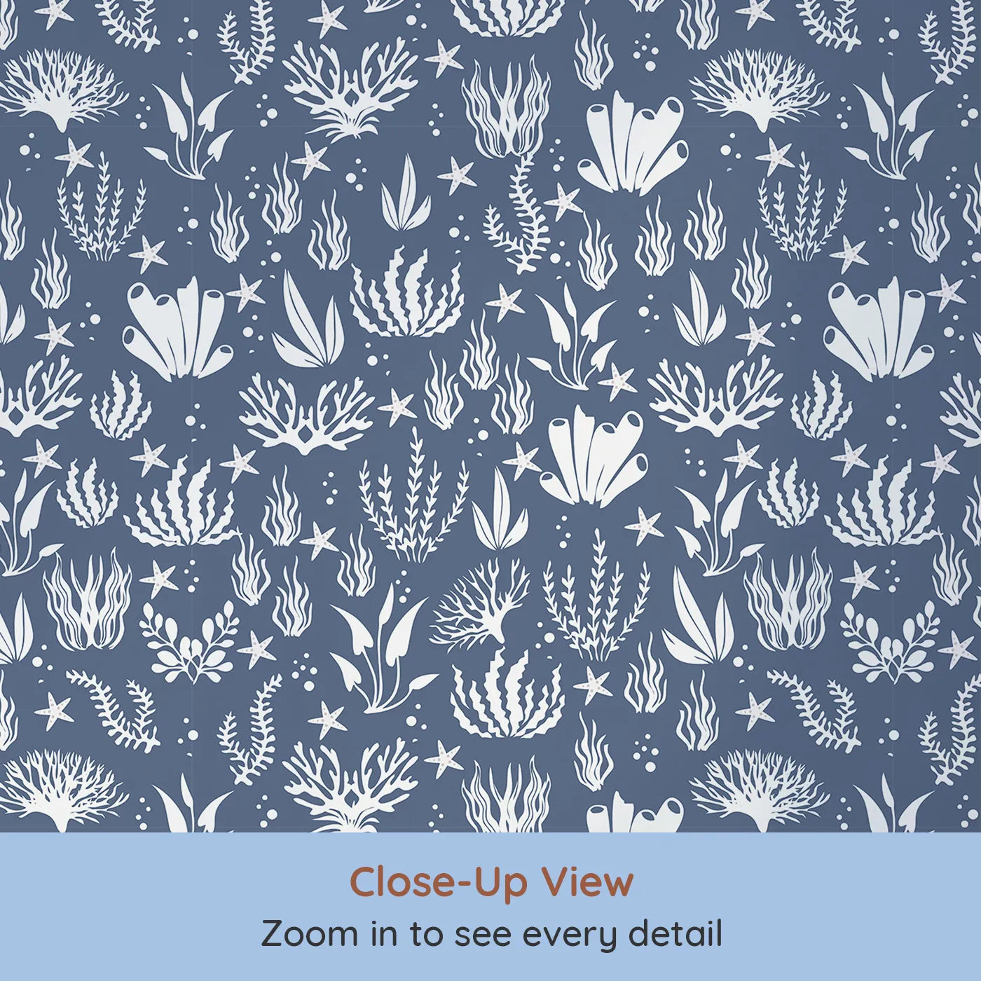 Close-up view of Whimsy Tots' Coral Garden Dance Wallpaper in Deep Indigo (W3476E).Sea life silhouettes drift peacefully through a deep indigo sea.