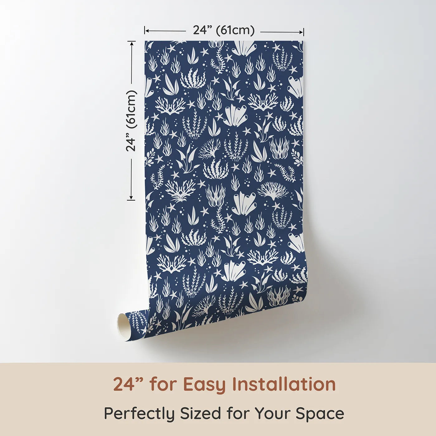 Dimension view of Whimsy Tots Coral Garden Dance Wallpaper in Deep Indigo (W3476E). Printed in 24-inch-wide panel for easy installation. Sea life silhouettes drift peacefully through a deep indigo sea.