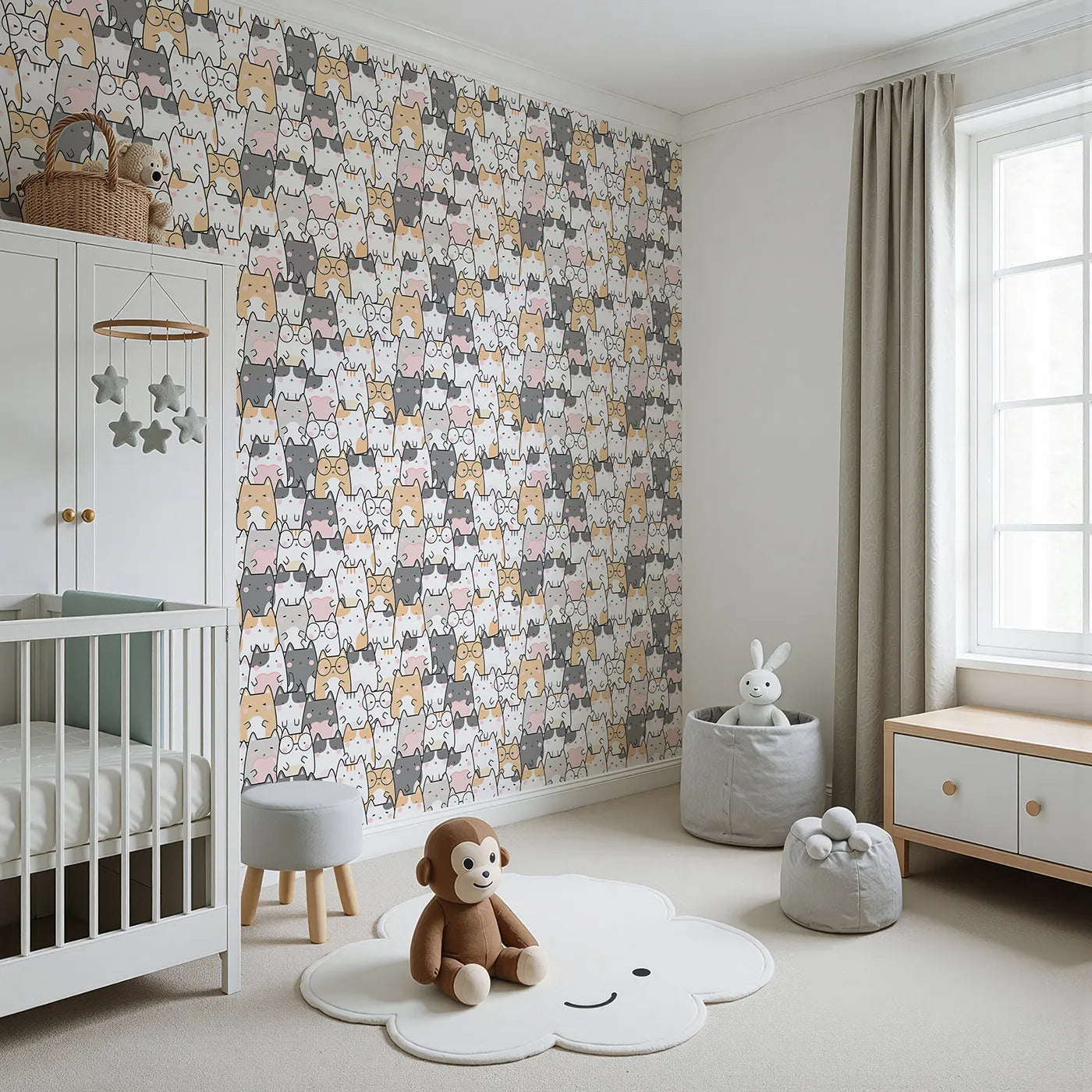 Angled view of Whimsy Tots' Cuddle Cats Parade Wallpaper in Cream (W3477).Cheeky little cats smile, snooze, and snuggle across every inch.