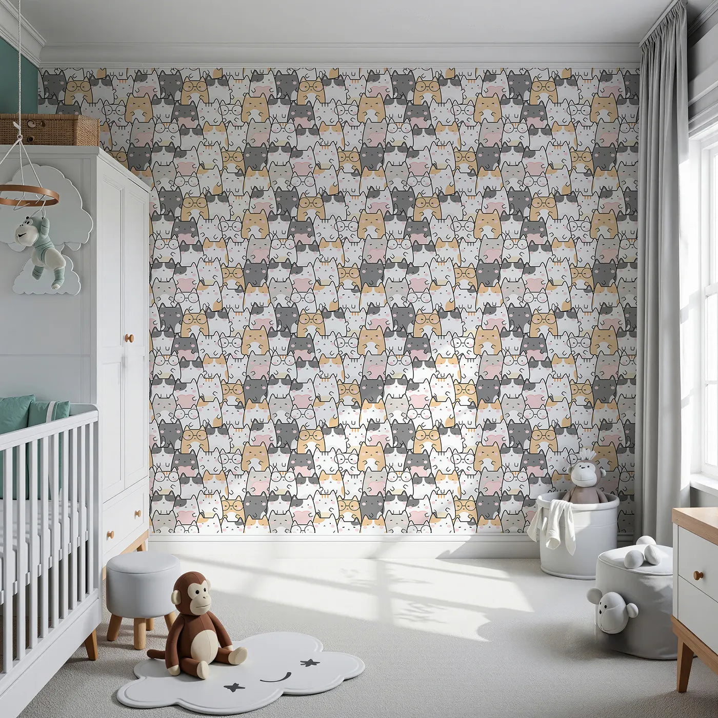 Front view of Whimsy Tots' Cuddle Cats Parade Wallpaper in Cream