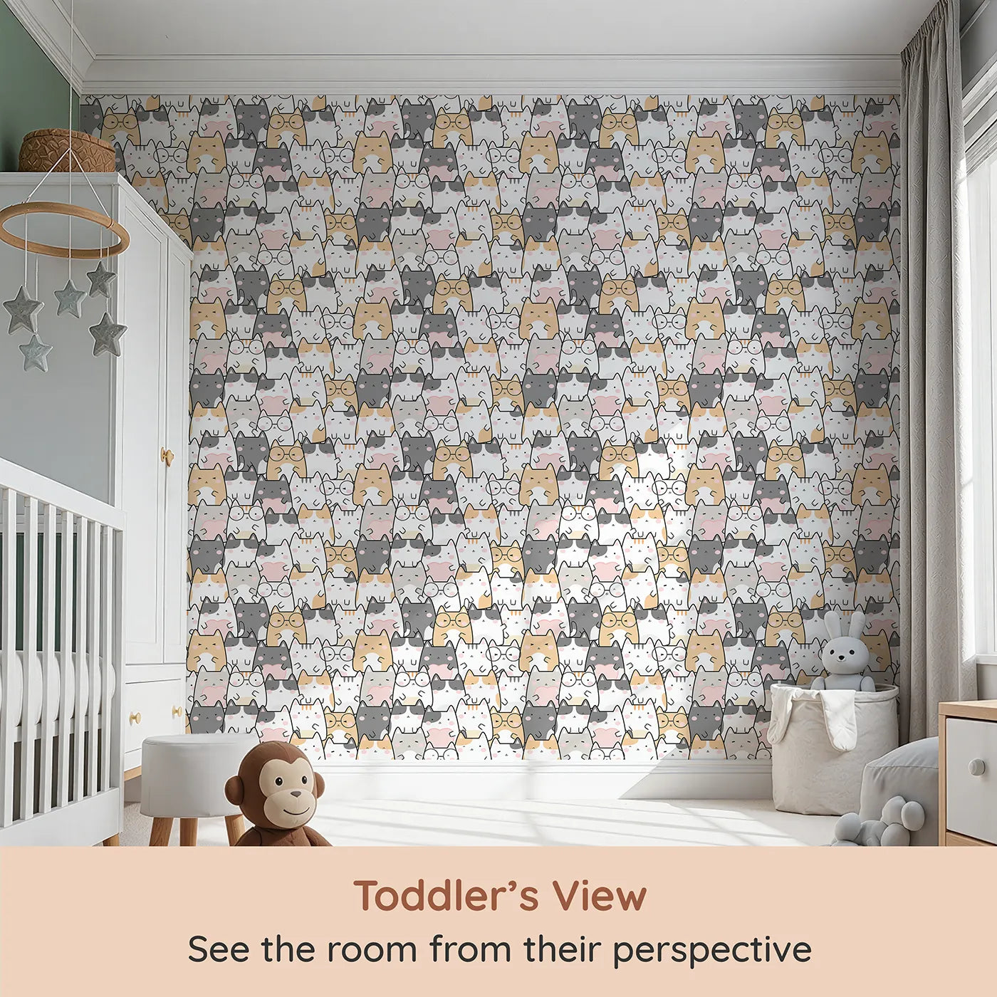 Whimsy Tots Cuddle Cats Parade Wallpaper in Cream (W3477) from your child's view.Cheeky little cats smile, snooze, and snuggle across every inch.