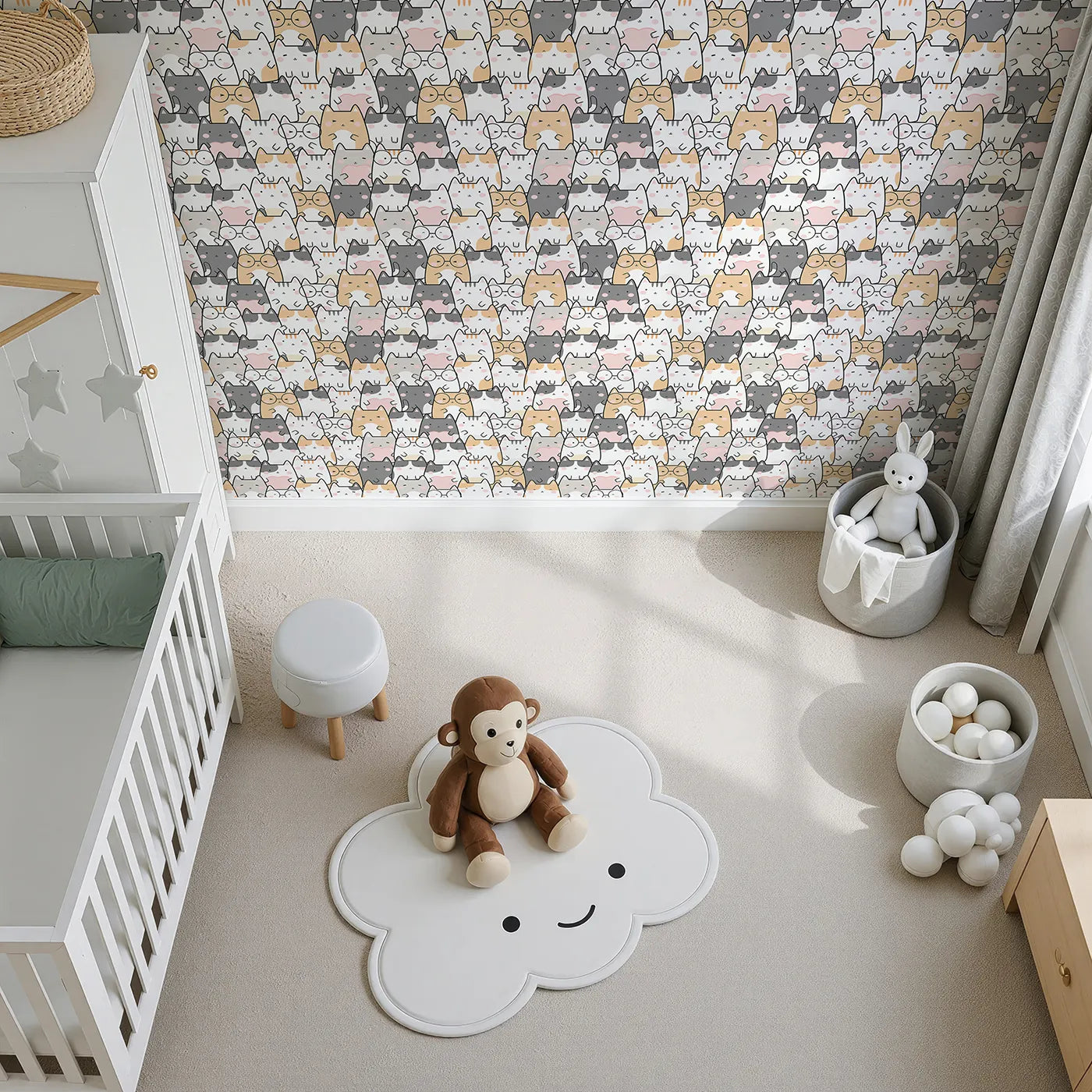 Top-Down view of Whimsy Tots' Cuddle Cats Parade Wallpaper in Cream (W3477).Cheeky little cats smile, snooze, and snuggle across every inch.