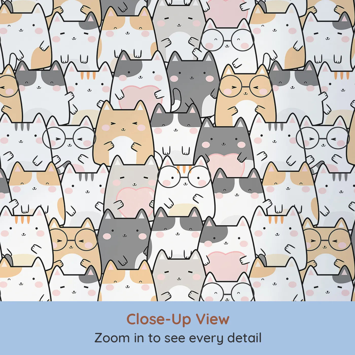 Close-up view of Whimsy Tots' Cuddle Cats Parade Wallpaper in Cream (W3477).Cheeky little cats smile, snooze, and snuggle across every inch.