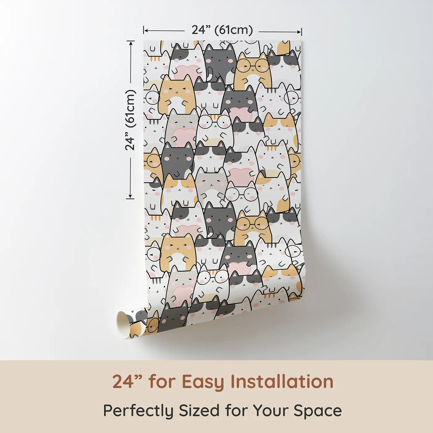 Dimension view of Whimsy Tots Cuddle Cats Parade Wallpaper in Cream (W3477). Printed in 24-inch-wide panel for easy installation. Cheeky little cats smile, snooze, and snuggle across every inch.