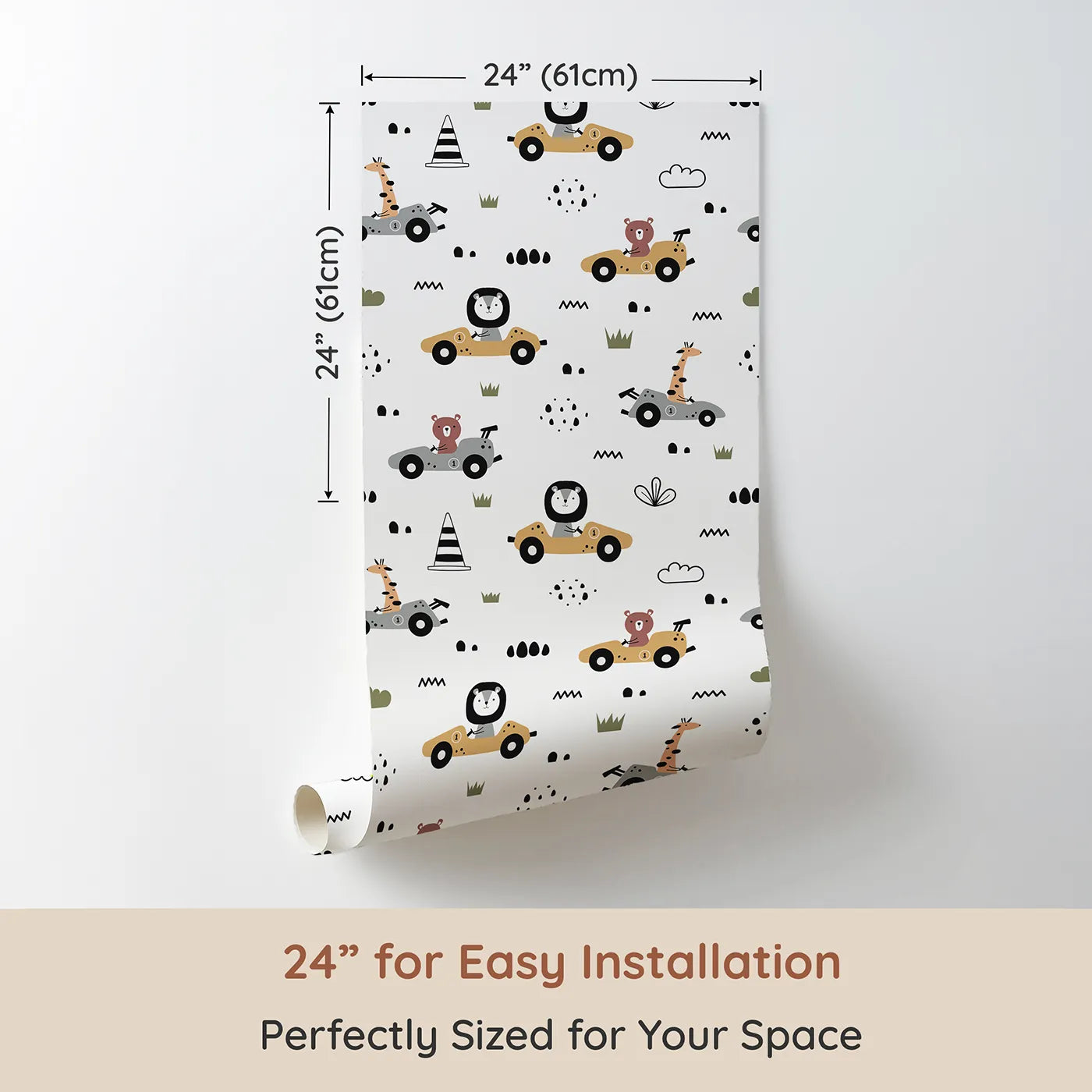 Dimension view of Whimsy Tots Safari Racers Parade Wallpaper in White (W3479A). Printed in 24-inch-wide panel for easy installation. Safari animals race in tiny cars across a playful track of grass and shapes.