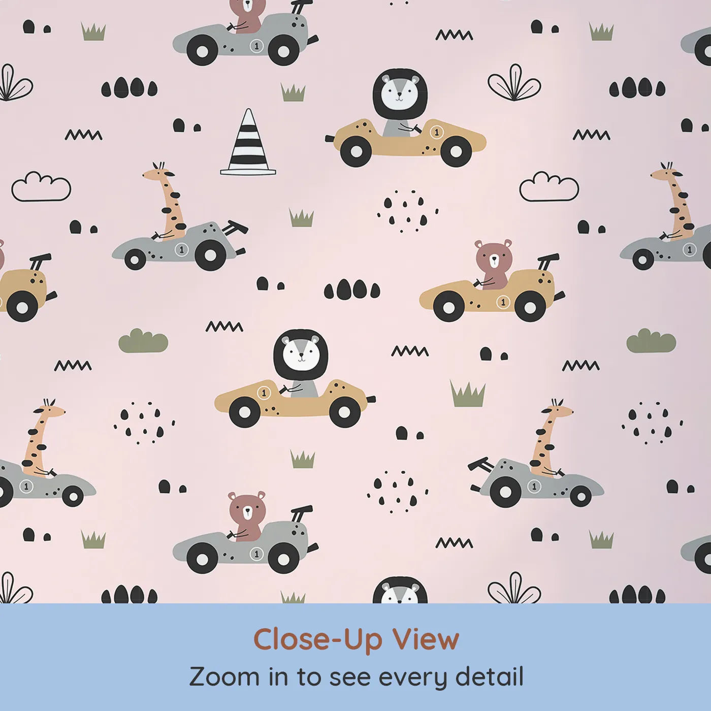 Close-up view of Whimsy Tots' Safari Racers Parade Wallpaper in Blush Pink (W3479B).Safari animals speed through a sweet blush world of fun and motion.