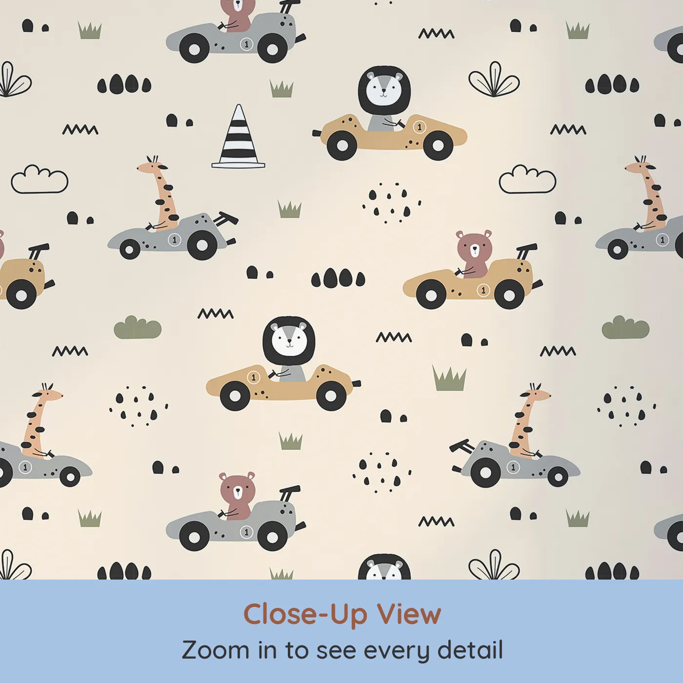 Close-up view of Whimsy Tots' Safari Racers Parade Wallpaper in Sand Beige (W3479C).Lions, giraffes, and bears zoom gently through a sun-kissed beige track.