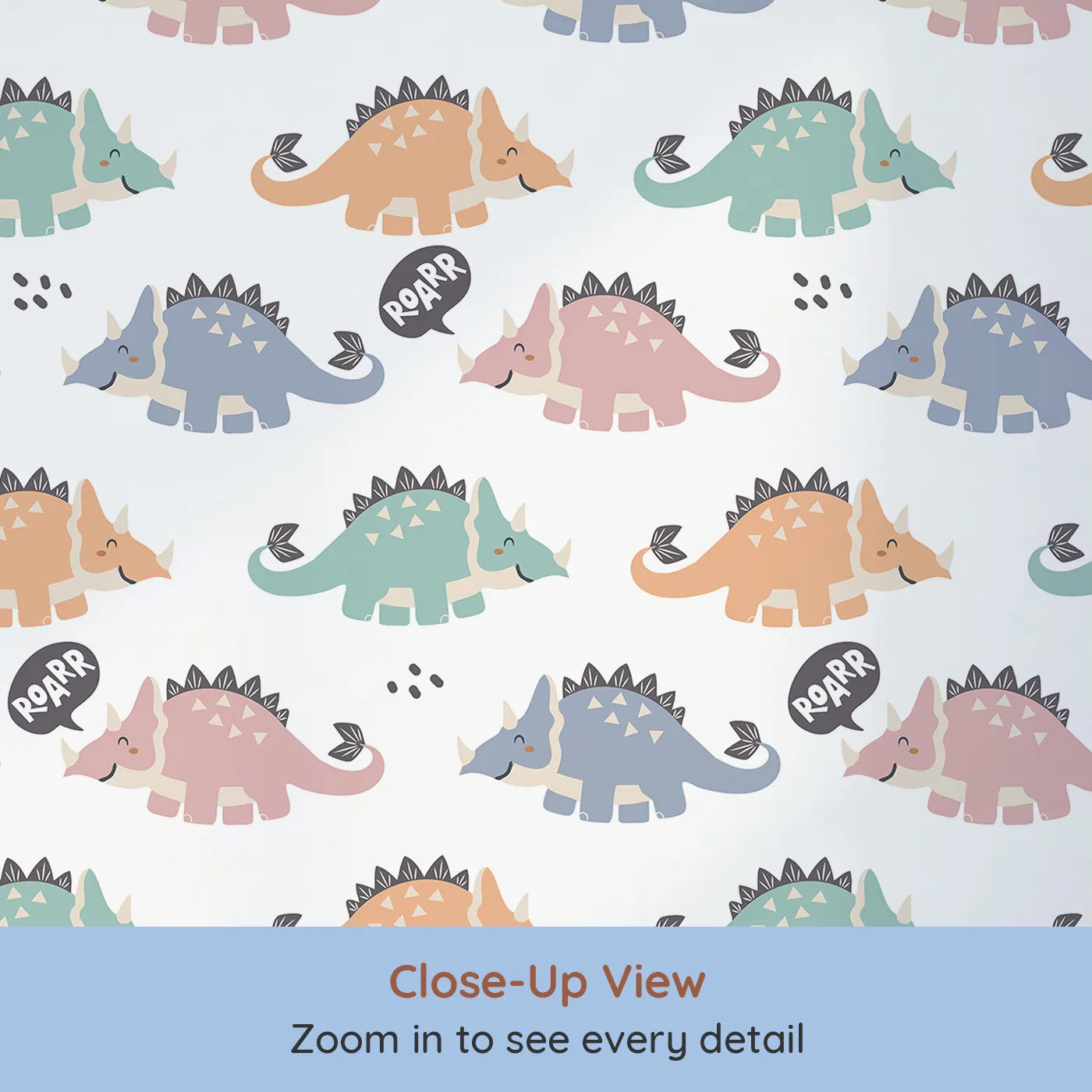 Close-up view of Whimsy Tots' Roar and Stomp Dinosaurs Wallpaper (W3482).Friendly dinosaurs stomp and smile in a colorful dino parade.