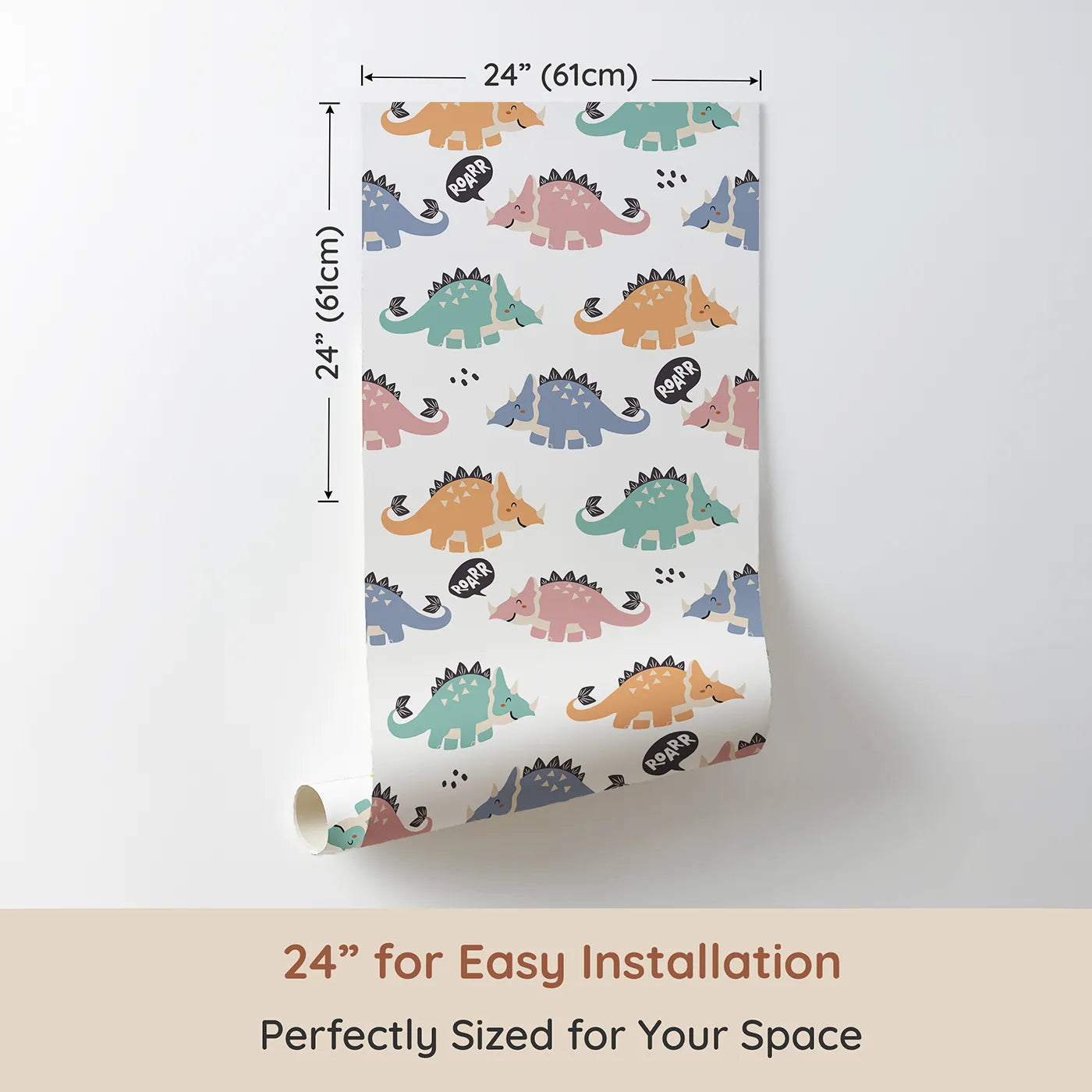 Dimension view of Whimsy Tots Roar and Stomp Dinosaurs Wallpaper (W3482). Printed in 24-inch-wide panel for easy installation. Friendly dinosaurs stomp and smile in a colorful dino parade.