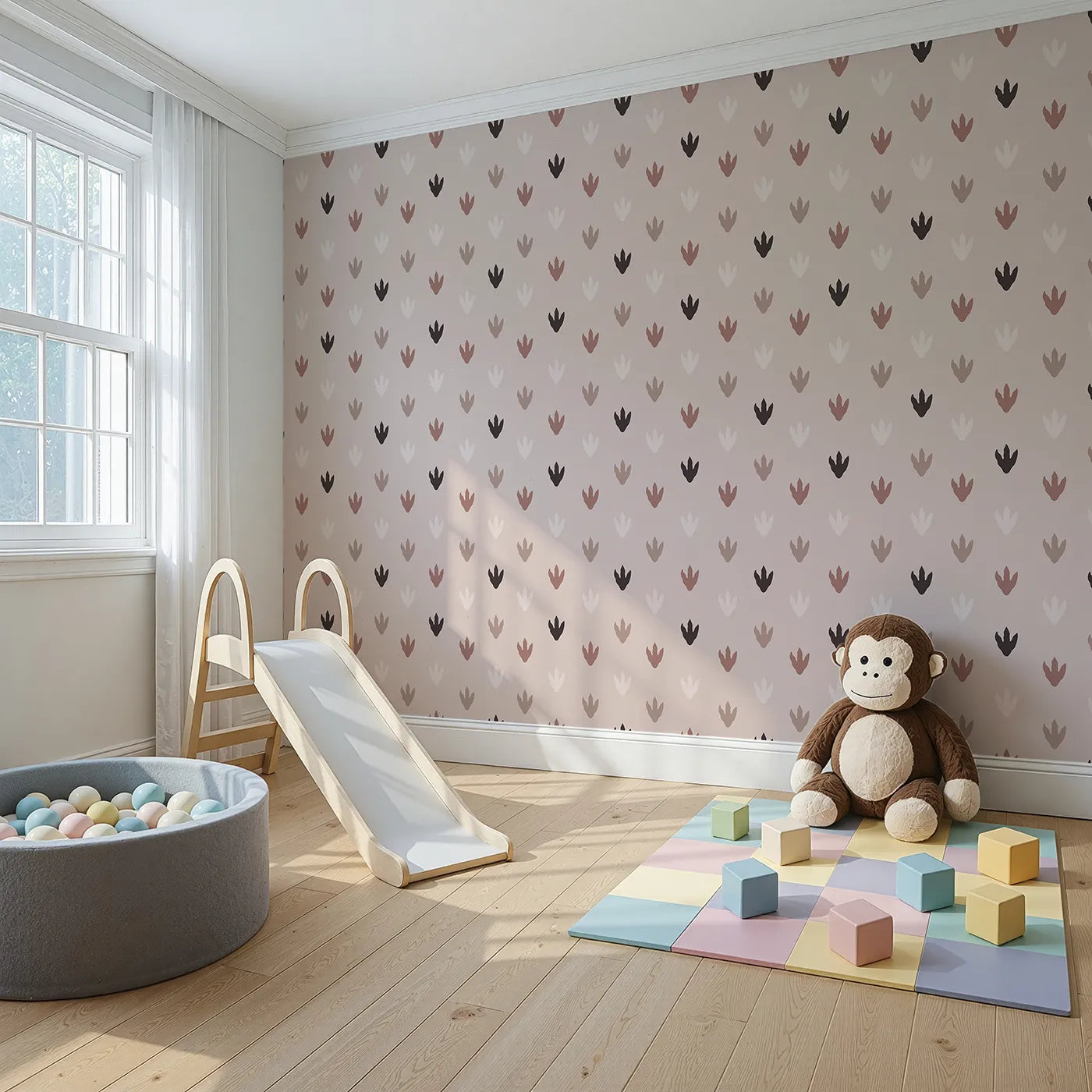 Angled view of Whimsy Tots' Dino Tracks Wallpaper in Rose Clay Brown (W3483A).Gentle dino footprints dot a cozy rose clay canvas.