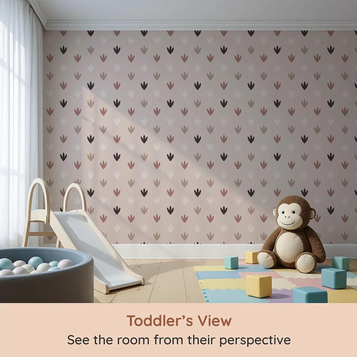 Whimsy Tots Dino Tracks Wallpaper in Rose Clay Brown (W3483A) from your child's view.Gentle dino footprints dot a cozy rose clay canvas.