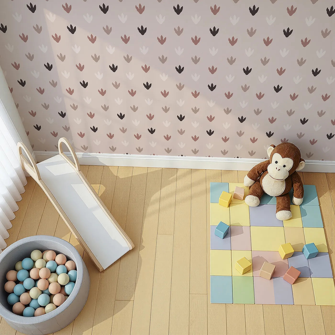 Top-Down view of Whimsy Tots' Dino Tracks Wallpaper in Rose Clay Brown (W3483A).Gentle dino footprints dot a cozy rose clay canvas.