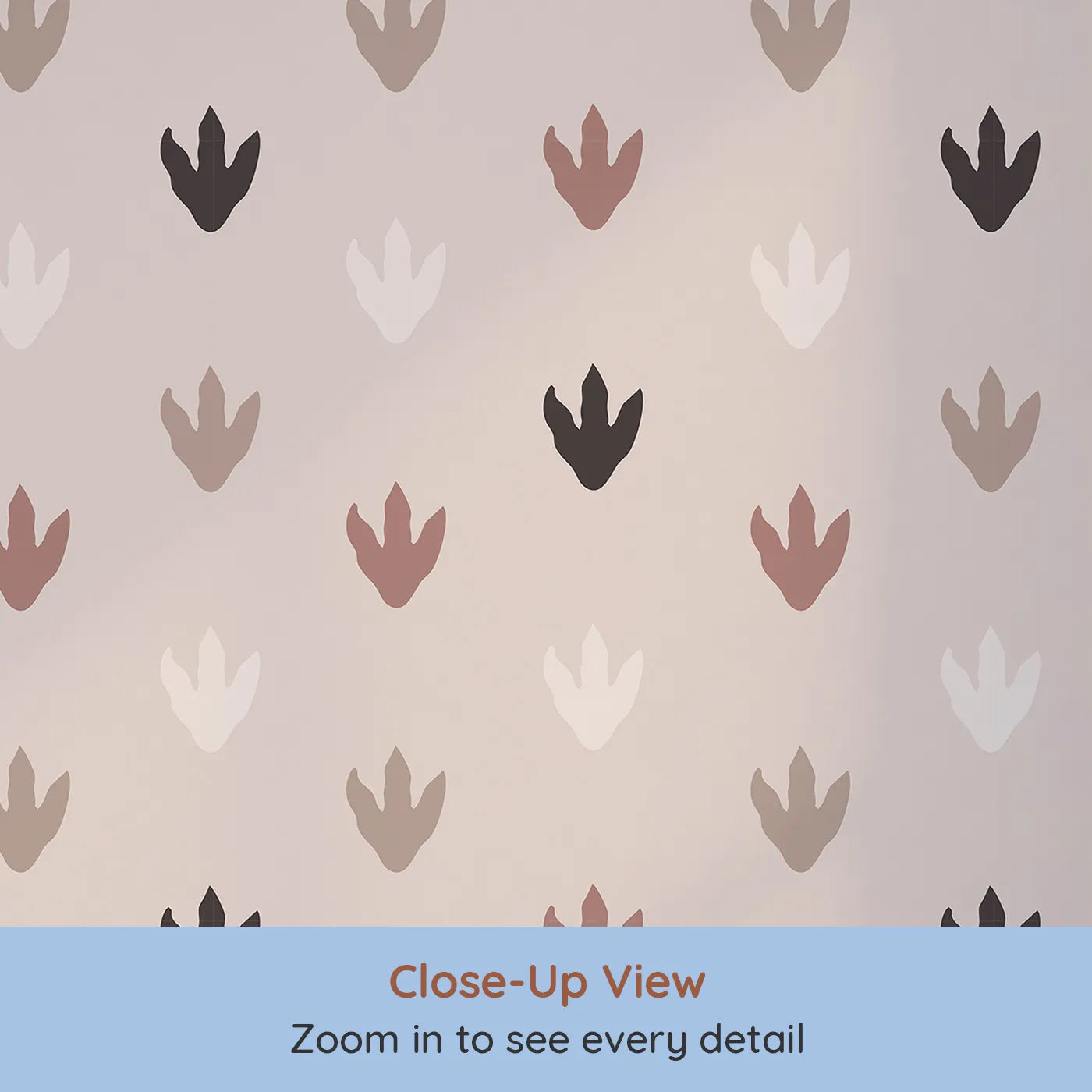Close-up view of Whimsy Tots' Dino Tracks Wallpaper in Rose Clay Brown (W3483A).Gentle dino footprints dot a cozy rose clay canvas.