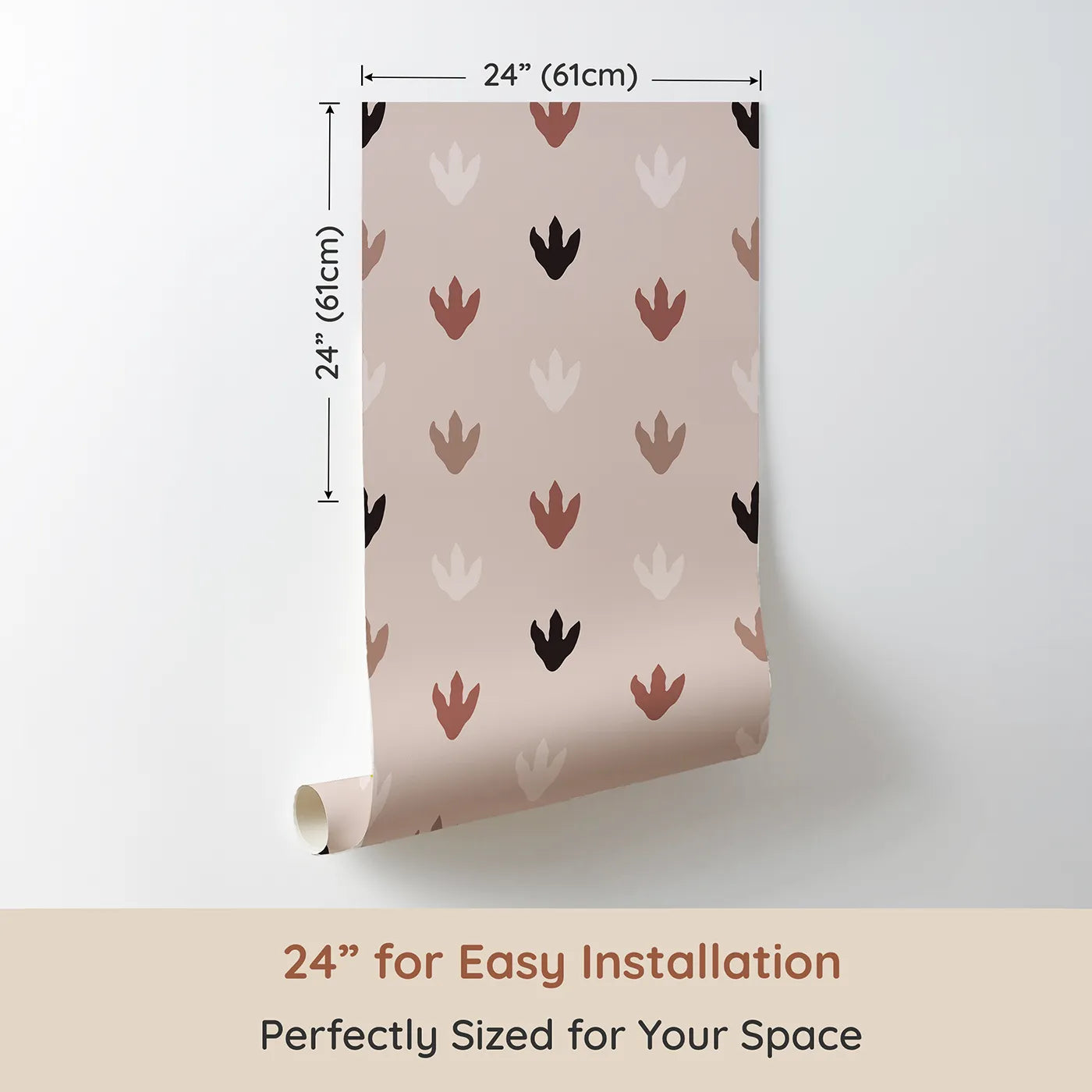 Dimension view of Whimsy Tots Dino Tracks Wallpaper in Rose Clay Brown (W3483A). Printed in 24-inch-wide panel for easy installation. Gentle dino footprints dot a cozy rose clay canvas.