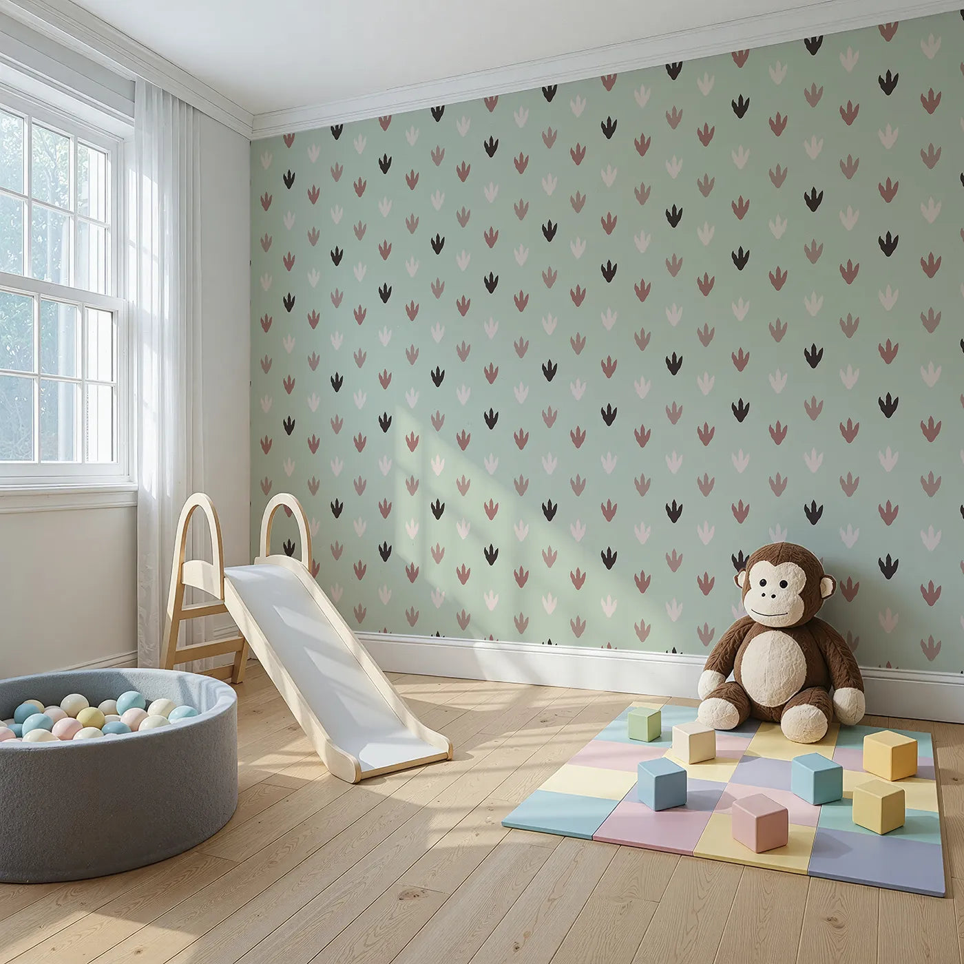 Angled view of Whimsy Tots' Dino Tracks Wallpaper in Sage Green (W3483B).Soft dinosaur tracks walk gently across a peaceful green backdrop.
