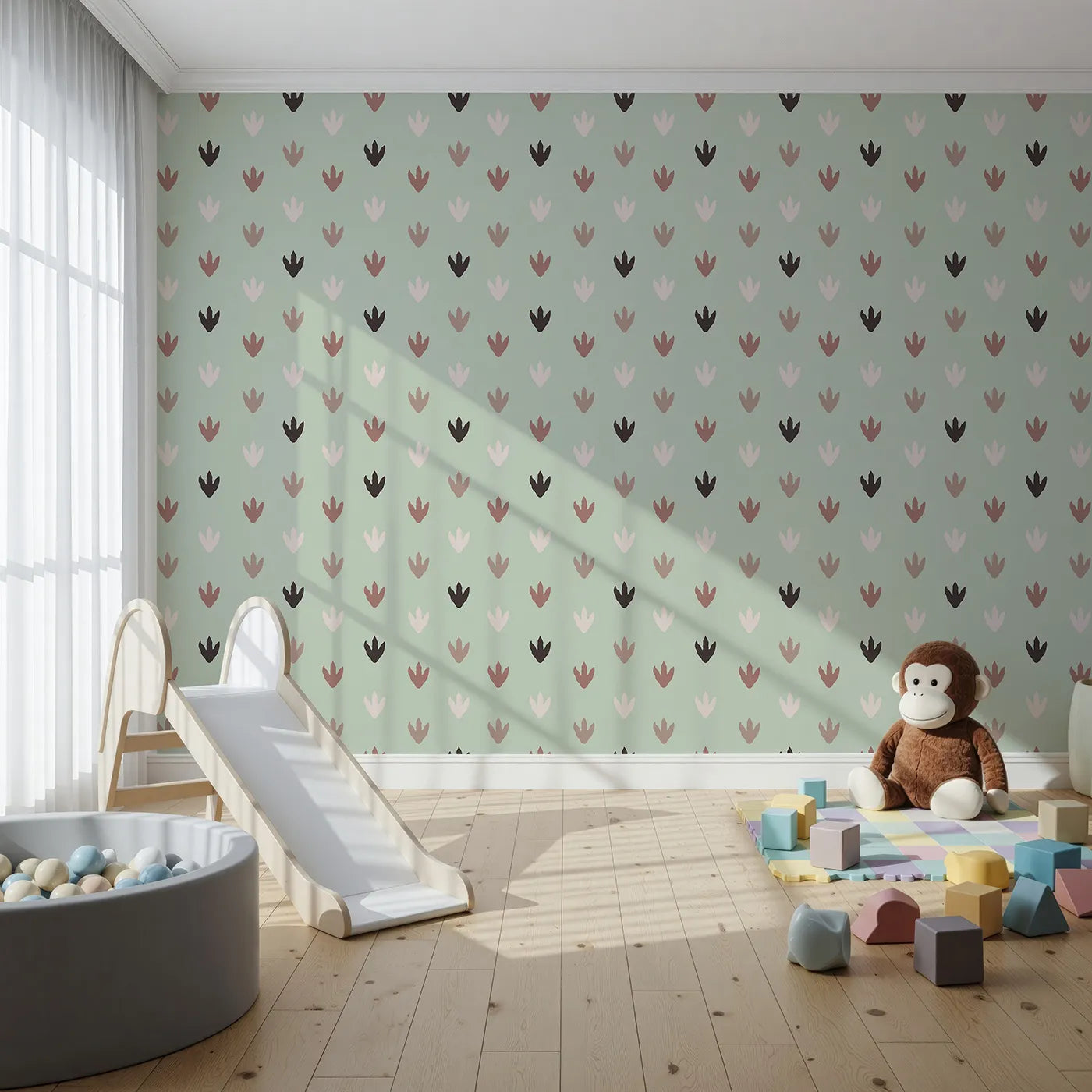 Front view of Whimsy Tots' Dino Tracks Wallpaper in Sage Green